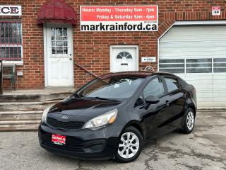 <p>Super-clean Kia Rio from Mississauga, ON! This LX+ECO model is a perfect student or commuter vehicle, with all the options you need for a convenient, comfortable and fuel-efficient drive! The exterior looks good in its Black paint, steel wheels and factory wheel covers, featuring keyless entry, remote power trunk release, colour-matched side mirrors, daytime running lights, a fuel-efficient 1.6L 4-cylinder engine and automatic transmission! The interior is clean and comfortable with heated cloth front seats, spacious rear seat and trunk, especially for a compact vehicle, power door locks, windows and mirrors, Active ECO Driving mode for improved fuel economy, steering wheel audio and cruise controls, an easy to read and use gauge cluster, central AM/FM/XM Satellite Radio with Bluetooth, MP3 and CD Player, A/C climate control with front and rear window defrost settings, USB/AUX/12V accessory ports and more!</p><p> </p><p>Perfect Student or Commuter Car, Great on Gas, easy to park!</p><p> </p><p>Call (905) 623-2906</p><p> </p><p>Text Ryan: (905) 429-9680 or Email: ryan@markrainford.ca</p><p> </p><p>Text Mark: (905) 431-0966 or Email: mark@markrainford.ca</p>