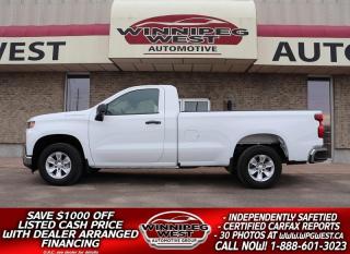*Cash Price: $32,800. Finance Price: $31,800. (SAVE $1,000 OFF THE LISTED CASH PRICE WITH DEALER ARRANGED FINANCING O.A.C.) Plus PST/GST. NO ADMINISTRATION FEES!!  

LOW KMS & STILL SHOWS AS NEW, 2021 CHEVROLET SILVERADO 1500 REGULAR CAB 5.3L V8 WITH 8-FOOT BOX.  VERY CLEAN & SHARP, GREAT OPTIONS, GREAT DEAL, MUST BE SEEN, READY TO GO FOR YOUR WORK OR PLEASURE NEEDS!!

- 5.3L V-8 VVT DI with Active Fuel Management (producing 355 HP and 383 lbs of pulling torque) 
- 6 Speed automatic 
- RWD with  3.42 rear axle ratio
- ELECTRONIC STABILITY CONTROL SYSTEM
- TRACTION CONTROL
- TRAILER  SWAY CTRL & HILL START ASSIST
- 3-Passenger seating with large folding console
- Full Power Convenience group
- Cruise control
- Infotainment 3 with 7" Diag Colour touch Screen
- Multi Media Infotainment sys
- Factory Bluetooth 
- Projection for Apple Car Play & Android Auto 
- Power Remote entry and Deployable tailgate
- HD Tow package 
- Backup REAR VISION CAMERA
- Chrome appearance package
- Easy step rear bumper 
- Box liner
- Factory Aluminum Sport wheels
- Read below for more info... 

STILL AS NEW, VERY LOW KMS REGULAR CAB 8-FOOT BOX WITH A 5.3L V8 ENGINE, EXCEPTIONALLY CLEAN & SHARP & READY TO GO. WESTERN CANADIAN 2021 CHEVROLET SILVERADO 1500 5.3L V8 Regular Cab equipped with the proven 5.3LECOTEC3 V8 engine (producing 355 HP and 383 lbs of pulling torque) matched to a 6-speed automatic transmission. 3-passenger seating with fold down center console, air, tilt, cruise, PW, PL, remote entry, and remote deployable tailgate 7-inch Infotainment colour touch screen with audio to play music from your phone or USB device, multi-port USB connect, Projection for Apple Car Play & Android Auto, factory Bluetooth, factory tow package, back up camera, LED daytime running lights, darker tinted glass, step up rear bumper, Easy step rear bumper, Box liner, and more! Nice clean truck for all your Work, Farm, or personal needs!

Comes with a fresh Manitoba Safety Certification, a Clean, No Accident CARFAX history report, the balance of Factory GM warranty and we have many unlimited KM warranty options available to choose from. ON SALE NOW (GREAT DEAL!!!) Zero down financing OAC. Please see dealer for details. Trades accepted. View at Winnipeg West Automotive Group, 5195 Portage Ave. Dealer permit # 4365, Call now 1 (888) 601-3023
