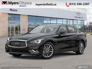 <b>Sunroof,  Remote Start,  Bose Performance Audio,  Power Liftgate,  Heated Seats!</b><br> <br> <br> <br>  Compared with other contemporary sports sedans, this 2024 Infiniti Q50 leaves little to be desired. <br> <br>This gorgeous Infiniti Q50 is a meticulously engineered sports sedan, built with fun and comfort in mind. Impressive technology, adequate ergonomics and stellar dynamics make this Q50 a strong contender in this competitive vehicle class. Also bundled with cutting edge driver-assistive and safety systems, this 2024 Infiniti Q50 checks all the boxes and remains a desirable and versatile sports sedan.<br> <br> This black obsidian sedan  has an automatic transmission and is powered by a  300HP 3.0L V6 Cylinder Engine.<br> <br> Our Q50s trim level is LUXE. This Q50 has all the cool tech you need with Infiniti InTouch dual display infotainment with wireless Apple CarPlay and Android Auto, Siri EyesFree, Bluetooth hands free phone assistant, Wi-Fi, and streaming audio. Convenience features include heated seats and steering wheel, power liftgate, synthetic leather upholstery, and forward emergency braking. The exterior features chrome exhaust tips, alloy wheels, chrome trim and grille, rain sensing wipers, automatic LED lighting with fog lamps, and stylish perimeter approach lights. This Luxe trim adds a sunroof, Bose Performance Audio, distance pacing, remote start, parking sensors, blind spot warning, and a 360 degree parking camera. This vehicle has been upgraded with the following features: Sunroof,  Remote Start,  Bose Performance Audio,  Power Liftgate,  Heated Seats,  Heated Steering Wheel,  Android Auto. <br><br> <br>To apply right now for financing use this link : <a href=https://www.myersinfiniti.ca/finance/ target=_blank>https://www.myersinfiniti.ca/finance/</a><br><br> <br/>    0% financing for 36 months. 3.99% financing for 84 months. <br> Buy this vehicle now for the lowest bi-weekly payment of <b>$395.53</b> with $0 down for 84 months @ 3.99% APR O.A.C. ( taxes included, $821  and licensing fees    ).  Incentives expire 2024-07-02.  See dealer for details. <br> <br><br> Come by and check out our fleet of 40+ used cars and trucks and 90+ new cars and trucks for sale in Ottawa.  o~o