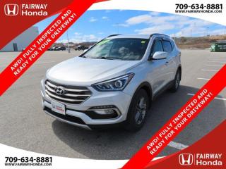 Odometer is 23998 kilometers below market average! Sparkling Silver 2017 Hyundai Santa Fe Sport 2.4 Premium AWD! FULLY INSPECTED AND READY FOR YOUR DRIVEWAY! AWD 6-Speed Automatic with Shiftronic 2.4L I4 DGI DOHC*Professionally Detailed*, *Market Value Pricing*, 17 x 7 Aluminum Alloy Wheels, 4-Wheel Disc Brakes, 6 Speakers, ABS brakes, Air Conditioning, AM/FM radio: SiriusXM, Automatic temperature control, Brake assist, Bumpers: body-colour, CD player, Delay-off headlights, Deluxe Cloth Seating Surfaces w/YES Essentials, Driver door bin, Driver vanity mirror, Dual front impact airbags, Dual front side impact airbags, Electronic Stability Control, Exterior Parking Camera Rear, Four wheel independent suspension, Front anti-roll bar, Front dual zone A/C, Front fog lights, Front reading lights, Fully automatic headlights, Heated door mirrors, Heated Front Bucket Seats, Heated rear seats, Heated steering wheel, Illuminated entry, Knee airbag, Occupant sensing airbag, Outside temperature display, Overhead airbag, Overhead console, Panic alarm, Passenger door bin, Passenger vanity mirror, Power door mirrors, Power driver seat, Power steering, Power windows, Radio: AM/FM/CD/XM/MP3 Audio System, Rear anti-roll bar, Rear Parking Sensors, Rear window defroster, Rear window wiper, Remote keyless entry, Roof rack: rails only, Security system, Speed control, Speed-sensing steering, Speed-Sensitive Wipers, Split folding rear seat, Spoiler, Steering wheel mounted audio controls, Sun blinds, Tachometer, Telescoping steering wheel, Tilt steering wheel, Traction control, Trip computer, Turn signal indicator mirrors, Variably intermittent wipers.Certification Program Details: 85 Point Inspection Top Up Fluids Brake Inspection Tire Inspection Fresh 2 Year MVI Fresh Oil ChangeFairway Honda - Community Driven!