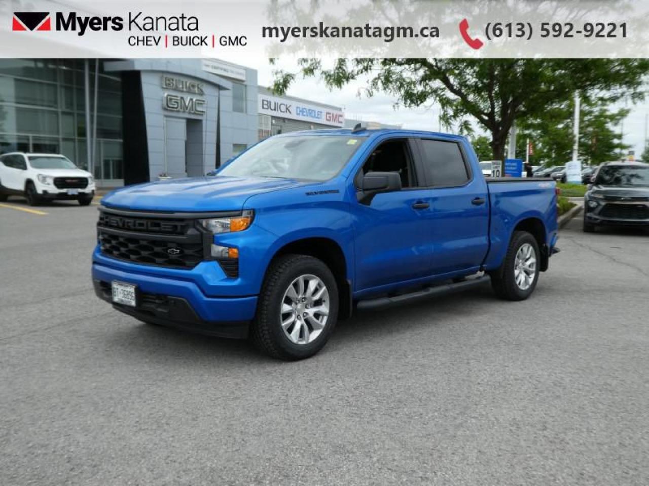 <b>Bedliner,  Tow Package,  Assist Steps!</b><br> <br> <br> <br>At Myers, we believe in giving our customers the power of choice. When you choose to shop with a Myers Auto Group dealership, you dont just have access to one inventory, youve got the purchasing power of an entire auto group behind you!<br> <br>  This 2024 Silverado 1500 is engineered for ultra-premium comfort, offering high-tech upgrades, beautiful styling, authentic materials and thoughtfully crafted details. <br> <br>This 2024 Chevrolet Silverado 1500 stands out in the midsize pickup truck segment, with bold proportions that create a commanding stance on and off road. Next level comfort and technology is paired with its outstanding performance and capability. Inside, the Silverado 1500 supports you through rough terrain with expertly designed seats and robust suspension. This amazing 2024 Silverado 1500 is ready for whatever.<br> <br> This bright blue metallic Crew Cab 4X4 pickup   has an automatic transmission and is powered by a  310HP 2.7L 4 Cylinder Engine.<br> <br> Our Silverado 1500s trim level is Custom. This Silverado 1500 Custom has it all with an amazing balance of style and value. This incredible Chevrolet Custom pickup comes loaded with stylish aluminum wheels, a useful trailer hitch, remote engine start, an EZ Lift tailgate and a 10 way power driver seat. It also includes Chevrolets Infotainment 3 System that features Apple CarPlay, Android Auto, and USB charging ports so your crews equipment is always ready to go. Additional features include remote keyless entry, forward collision warning with automatic braking, lane keep assist, intellibeam automatic headlights, and an HD rear view camera. The useful Teen Driver systems also allows you to track driving habits and restrict certain features once you hand over the keys. This vehicle has been upgraded with the following features: Bedliner,  Tow Package,  Assist Steps. <br><br> <br>To apply right now for financing use this link : <a href=https://www.myerskanatagm.ca/finance/ target=_blank>https://www.myerskanatagm.ca/finance/</a><br><br> <br/>    Incentives expire 2025-01-31.  See dealer for details. <br> <br>Myers Kanata Chevrolet Buick GMC Inc is a great place to find quality used cars, trucks and SUVs. We also feature over a selection of over 50 used vehicles along with 30 certified pre-owned vehicles. Our Ottawa Chevrolet, Buick and GMC dealership is confident that youll be able to find your next used vehicle at Myers Kanata Chevrolet Buick GMC Inc. You will always find our inventory updated with the latest models. Our team believes in giving nothing but the best to our customers. Visit our Ottawa GMC, Chevrolet, and Buick dealership and get all the information you need today!<br> Come by and check out our fleet of 20+ used cars and trucks and 190+ new cars and trucks for sale in Kanata.  o~o