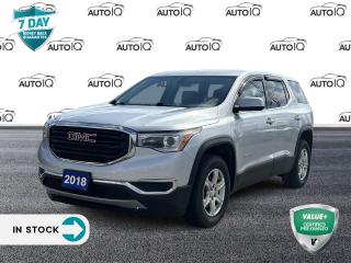 Quicksilver Metallic 2018 GMC Acadia SLE-1 4D Sport Utility 2.5L 4-Cylinder DGI DOHC VVT 6-Speed Automatic FWD | Apple Carplay | Android Auto, FWD, Jet Black Cloth, 17 x 7.5 Aluminum Wheels, 3.87 Axle Ratio, 3rd row seats: bench, 4-Wheel Disc Brakes, 6 Speakers, 6-Speaker Audio System, 7-Passenger (2-3-2 Seating Configuration), ABS brakes, Air Conditioning, Alloy wheels, AM/FM radio: SiriusXM, Apple CarPlay/Android Auto, Automatic temperature control, Brake assist, Bumpers: body-colour, Compass, Delay-off headlights, Driver door bin, Driver Enhanced Instrument Information Display, Driver vanity mirror, Dual front impact airbags, Dual front side impact airbags, Electronic Stability Control, Emergency communication system: OnStar and GMC connected services capable, Exterior Parking Camera Rear, Four wheel independent suspension, Front anti-roll bar, Front Bucket Seats, Front dual zone A/C, Front reading lights, Fully automatic headlights, Heated door mirrors, Illuminated entry, Knee airbag, Low tire pressure warning, Occupant sensing airbag, Outside temperature display, Overhead airbag, Overhead console, Panic alarm, Passenger door bin, Passenger vanity mirror, Power door mirrors, Power steering, Power windows, Preferred Equipment Group 3SA, Premium audio system: IntelliLink, Premium Cloth Seat Trim, Radio data system, Radio: AM/FM w/7 Diagonal Colour Touch Screen, Rear air conditioning, Rear anti-roll bar, Rear reading lights, Rear window defroster, Rear window wiper, Remote keyless entry, Security system, SiriusXM Satellite Radio, Speed control, Speed-sensing steering, Split folding rear seat, Spoiler, Steering wheel mounted audio controls, Tachometer, Telescoping steering wheel, Tilt steering wheel, Traction control, Trip computer, Variably intermittent wipers, Voltmeter.<p> </p>

<h4>VALUE+ CERTIFIED PRE-OWNED VEHICLE</h4>

<p>36-point Provincial Safety Inspection<br />
172-point inspection combined mechanical, aesthetic, functional inspection including a vehicle report card<br />
Warranty: 30 Days or 1500 KMS on mechanical safety-related items and extended plans are available<br />
Complimentary CARFAX Vehicle History Report<br />
2X Provincial safety standard for tire tread depth<br />
2X Provincial safety standard for brake pad thickness<br />
7 Day Money Back Guarantee*<br />
Market Value Report provided<br />
Complimentary 3 months SIRIUS XM satellite radio subscription on equipped vehicles<br />
Complimentary wash and vacuum<br />
Vehicle scanned for open recall notifications from manufacturer</p>

<p>SPECIAL NOTE: This vehicle is reserved for AutoIQs retail customers only. Please, No dealer calls. Errors & omissions excepted.</p>

<p>*As-traded, specialty or high-performance vehicles are excluded from the 7-Day Money Back Guarantee Program (including, but not limited to Ford Shelby, Ford mustang GT, Ford Raptor, Chevrolet Corvette, Camaro 2SS, Camaro ZL1, V-Series Cadillac, Dodge/Jeep SRT, Hyundai N Line, all electric models)</p>

<p>INSGMT</p>