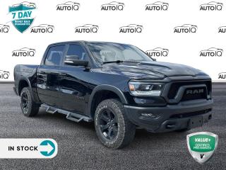 Diamond Black Crystal Pearlcoat 2022 Ram 1500 Sport/Rebel 4D Crew Cab HEMI 5.7L V8 VVT 8-Speed Automatic 4WD | Remote Start, 115V Auxiliary Power Outlet - Exterior, 115V Rear Auxiliary Power Outlet, 12 Touchscreen, 1-Year SiriusXM Subscription, 2nd Row In-Floor Storage Bins, 4G LTE Wi-Fi Hot Spot, 9 Alpine Speakers w/Subwoofer, A/C w/Dual-Zone Automatic Temperature Control, Apple CarPlay Capable, Body-Colour Door Handles, Brake assist, Comfort & Convenience Group, Connected Travel & Traffic Services, Connectivity - US/Canada, Disassociated Touchscreen Display, Door Trim Panel Foam Bottle Insert, Driver Seat w/Memory Setting, Electronic Stability Control, For Details Visit DriveUconnect.ca, Front Heated Seats, Fully automatic headlights, Google Android Auto, GPS Antenna Input, GPS Navigation, Hands-Free Phone Communication, HD Radio, Heated door mirrors, Heated Steering Wheel, Integrated Centre Stack Radio, Media Hub w/2 USB Charging Ports, MOPAR Rebel Hood Decal, Off-Road Info Pages, Park-Sense Front/Rear Park Assist w/Stop, ParkView Rear Back-Up Camera, Power 2-Way Passenger Lumbar Adjust, Power Adjustable Pedals, Power door mirrors, Quick Order Package 25W Rebel, Radio: Uconnect 5W Nav w/12.0 Display, Rain-Sensing Windshield Wipers, RamBox Cargo Management System, Rear Dome Lamp w/On/Off Switch, Rear Underseat Compartment Storage, Rear Window Defroster, Rebel Level 2 Equipment Group, Remote Proximity Keyless Entry, Remote Tailgate Release, Second-Row Heated Seats, Security Alarm, SiriusXM w/360L On-Demand Content, Speed control, Sun Visors w/Illuminated Vanity Mirrors, Telescoping steering wheel, Tilt steering wheel, Trip computer, Universal Garage Door Opener, USB Mobile Projection, Wheels: 18 x 8 Painted Mid-Gloss Black, Wireless Charging Pad.<p> </p>

<h4>VALUE+ CERTIFIED PRE-OWNED VEHICLE</h4>

<p>36-point Provincial Safety Inspection<br />
172-point inspection combined mechanical, aesthetic, functional inspection including a vehicle report card<br />
Warranty: 30 Days or 1500 KMS on mechanical safety-related items and extended plans are available<br />
Complimentary CARFAX Vehicle History Report<br />
2X Provincial safety standard for tire tread depth<br />
2X Provincial safety standard for brake pad thickness<br />
7 Day Money Back Guarantee*<br />
Market Value Report provided<br />
Complimentary 3 months SIRIUS XM satellite radio subscription on equipped vehicles<br />
Complimentary wash and vacuum<br />
Vehicle scanned for open recall notifications from manufacturer</p>

<p>SPECIAL NOTE: This vehicle is reserved for AutoIQs retail customers only. Please, No dealer calls. Errors & omissions excepted.</p>

<p>*As-traded, specialty or high-performance vehicles are excluded from the 7-Day Money Back Guarantee Program (including, but not limited to Ford Shelby, Ford mustang GT, Ford Raptor, Chevrolet Corvette, Camaro 2SS, Camaro ZL1, V-Series Cadillac, Dodge/Jeep SRT, Hyundai N Line, all electric models)</p>

<p>INSGMT</p>