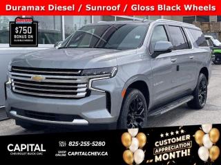 This Chevrolet Suburban boasts a Turbocharged Diesel I6 3.0L/ engine powering this Automatic transmission. ENGINE, DURAMAX 3.0L TURBO-DIESEL I6 (277 hp [206.6 kW] @ 3750 rpm, 460 lb-ft of torque [623.7 N-m] @ 1500 rpm), Wireless charging, Wireless Apple CarPlay/Wireless Android Auto.* This Chevrolet Suburban Features the Following Options *Wipers, front intermittent, Rainsense, Wiper, rear intermittent with washer, Windows, power with rear Express-Down, Window, power with front passenger Express-Up/Down, Window, power with driver Express-Up/Down, Wi-Fi Hotspot capable (Terms and limitations apply. See onstar.ca or dealer for details.), Wheels, 22 x 9 (55.9 cm x 22.9 cm) Sterling Silver premium painted with chrome inserts (Includes (SFE) wheel locks, LPO.), Wheel, full-size spare, 17 (43.2 cm), Warning tones headlamp on, driver and right-front passenger seat belt unfasten and turn signal on, Visors, driver and front passenger illuminated vanity mirrors, sliding.* Stop By Today *Youve earned this- stop by Capital Chevrolet Buick GMC Inc. located at 13103 Lake Fraser Drive SE, Calgary, AB T2J 3H5 to make this car yours today!