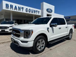<p><br />KEY FEATURES: 2022 F150, 4 x 4, Platinum, 5.0L V8 engine, Star White, twin panel moonroof, Platinum black leather interior, adaptive cruise control, Adaptive Driving beams, Power running boards, Power sliding rear window, 12in Productivity screen, SYNC4, B&O audio system, heated and cooled front seats, heated rear seats, leather-wrapped steering wheel, heated steering wheel, power pedals, adaptive steering, 360 degree camera, blind spot, co-pilot 360, fordpass, pre-collision assist with breaking, reverse brake assist, trailer tow package, wireless charging pad, Advanced security, Navigation, remote start, Auto high beams, Dynamic hitch assist, Lane keep system, pre-collision braking, pre-collision assist, rear backup camera, keyless entry,  heavy-duty shocks power windows , power locks and more.</p><p><br />Please Call 519-756-6191, Email sales@brantcountyford.ca for more information and availability on this vehicle.  Brant County Ford is a family owned dealership and has been a proud member of the Brantford community for over 40 years!</p><p> </p><p><br />** PURCHASE PRICE ONLY (Includes) Fords Delivery Allowance & Non-stackable where applicable</p><p><br />** See dealer for details.</p><p>*Please note all prices are plus HST and Licencing. </p><p>* Prices in Ontario, Alberta and British Columbia include OMVIC/AMVIC fee (where applicable), accessories, other dealer installed options, administration and other retailer charges. </p><p>*The sale price assumes all applicable rebates and incentives (Delivery Allowance/Non-Stackable Cash/3-Payment rebate/SUV Bonus/Winter Bonus, Safety etc</p><p>All prices are in Canadian dollars (unless otherwise indicated). Retailers are free to set individual prices.</p>