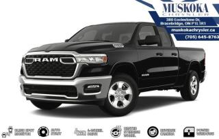 This RAM 1500 BIG HORN, with a 3.6L V-6 engine engine, features a 8-speed automatic transmission, and generates 9.7 highway/12.1 city L/100km. Find this vehicle with only 18 kilometers!  RAM 1500 BIG HORN Options: This RAM 1500 BIG HORN offers a multitude of options. Technology options include: GPS Antenna Input, Voice Recorder, 2 LCD Monitors In The Front, AM/FM/Satellite-Prep w/Seek-Scan, Clock, Speed Compensated Volume Control, Aux Audio Input Jack, Steering Wheel Controls, Voice Activation, Radio Data System and External Memory Control, MP3 Player.  Safety options include Variable Intermittent Wipers, Airbag Occupancy Sensor, Curtain 1st And 2nd Row Airbags, Dual Stage Driver And Passenger Front Airbags, Dual Stage Driver And Passenger Seat-Mounted Side Airbags.  Visit Us: Find this RAM 1500 BIG HORN at Muskoka Chrysler today. We are conveniently located at 380 Ecclestone Dr Bracebridge ON P1L1R1. Muskoka Chrysler has been serving our local community for over 40 years. We take pride in giving back to the community while providing the best customer service. We appreciate each and opportunity we have to serve you, not as a customer but as a friend