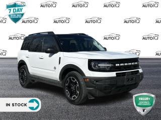 <p><strong>White 2021 Ford Bronco Sport Outer Banks 4D Sport Utility</strong></p>

<p>Odometer is 24206 kilometers below market average!</p>

<p>1.5L EcoBoost 8-Speed Automatic 4WD</p>

<p>Features:</p>

<ul>
 <li>3.80 Axle Ratio</li>
 <li>4-Wheel Disc Brakes</li>
 <li>6 Speakers</li>
 <li>ABS brakes</li>
 <li>Air Conditioning</li>
 <li>Alloy wheels</li>
 <li>AM/FM radio: SiriusXM</li>
 <li>AM/FM Stereo</li>
 <li>Auto High-beam Headlights</li>
 <li>Auto-dimming Rear-View mirror</li>
 <li>Automatic temperature control</li>
 <li>Block heater</li>
 <li>Brake assist</li>
 <li>Compass</li>
 <li>Delay-off headlights</li>
 <li>Driver door bin</li>
 <li>Driver vanity mirror</li>
 <li>Dual front impact airbags</li>
 <li>Dual front side impact airbags</li>
 <li>Electronic Stability Control</li>
 <li>Emergency communication system: SYNC 3 911 Assist</li>
 <li>Exterior Parking Camera Rear</li>
 <li>Four wheel independent suspension</li>
 <li>Front anti-roll bar</li>
 <li>Front Bucket Seats</li>
 <li>Front dual zone A/C</li>
 <li>Front fog lights</li>
 <li>Front reading lights</li>
 <li>Fully automatic headlights</li>
 <li>Heated door mirrors</li>
 <li>Heated front seats</li>
 <li>Heated steering wheel</li>
 <li>Illuminated entry</li>
 <li>Knee airbag</li>
 <li>Leather Trimmed Heated Sport Contour Bucket Seats</li>
 <li>Low tire pressure warning</li>
 <li>Occupant sensing airbag</li>
 <li>Outside temperature display</li>
 <li>Overhead airbag</li>
 <li>Overhead console</li>
 <li>Panic alarm</li>
 <li>Passenger door bin</li>
 <li>Passenger vanity mirror</li>
 <li>Power door mirrors</li>
 <li>Power driver seat</li>
 <li>Power Moonroof (DISC)</li>
 <li>Power passenger seat</li>
 <li>Power steering</li>
 <li>Power windows</li>
 <li>Radio data system</li>
 <li>Rain sensing wipers</li>
 <li>Rear anti-roll bar</li>
 <li>Rear Parking Sensors</li>
 <li>Rear reading lights</li>
 <li>Rear window defroster</li>
 <li>Rear window wiper</li>
 <li>Remote keyless entry</li>
 <li>Roof rack: rails only</li>
 <li>Security system</li>
 <li>SiriusXM Radio</li>
 <li>Speed control</li>
 <li>Speed-sensing steering</li>
 <li>Speed-Sensitive Wipers</li>
 <li>Split folding rear seat</li>
 <li>Steering wheel mounted audio controls</li>
 <li>SYNC 3 Communications & Entertainment System</li>
 <li>SYNC 3/Apple CarPlay/Android Auto</li>
 <li>Tachometer</li>
 <li>Telescoping steering wheel</li>
 <li>Tilt steering wheel</li>
 <li>Traction control</li>
 <li>Trip computer</li>
 <li>Variably intermittent wipers</li>
 <li>Wheels: 18 Ebony Black-Painted Aluminum</li>
</ul>

SPECIAL NOTE: This vehicle is reserved for AutoIQs Retail Customers Only. Please, No Dealer Calls 
<br/><br/>
Dont Delay! With over 140 Sales Professionals Promoting this Pre-Owned Vehicle through 11 Dealerships Representing 11 Communities Across Ontario, this Great Value Wont Last Long!
<br/><br/>
AutoIQ proudly offers a 7 Day Money Back Guarantee. Buy with Complete Confidence. You wont be disappointed!
<p> </p>

<h4>VALUE+ CERTIFIED PRE-OWNED VEHICLE</h4>

<p>36-point Provincial Safety Inspection<br />
172-point inspection combined mechanical, aesthetic, functional inspection including a vehicle report card<br />
Warranty: 30 Days or 1500 KMS on mechanical safety-related items and extended plans are available<br />
Complimentary CARFAX Vehicle History Report<br />
2X Provincial safety standard for tire tread depth<br />
2X Provincial safety standard for brake pad thickness<br />
7 Day Money Back Guarantee*<br />
Market Value Report provided<br />
Complimentary 3 months SIRIUS XM satellite radio subscription on equipped vehicles<br />
Complimentary wash and vacuum<br />
Vehicle scanned for open recall notifications from manufacturer</p>

<p>SPECIAL NOTE: This vehicle is reserved for AutoIQs retail customers only. Please, No dealer calls. Errors & omissions excepted.</p>

<p>*As-traded, specialty or high-performance vehicles are excluded from the 7-Day Money Back Guarantee Program (including, but not limited to Ford Shelby, Ford mustang GT, Ford Raptor, Chevrolet Corvette, Camaro 2SS, Camaro ZL1, V-Series Cadillac, Dodge/Jeep SRT, Hyundai N Line, all electric models)</p>

<p>INSGMT</p>