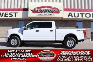 **Cash Price: $52,800. Finance Price: $51,800. (SAVE $1,000 OFF THE LISTED CASH PRICE WITH DEALER ARRANGED FINANCING! O.A.C.) Plus PST/GST. NO ADMINISTRATION FEES!! 

VERY CLEAN & WELL EQUIPPED, A TRUE WORKHORSE -  2022 Ford F-250 CREW CAB PREMIUM PLUS EDITION 6.2L V8 4X4, TOW PKG EQUIPPED WITH THE POWERFUL 6.2L V8 AND GREAT OPTIONS.  HARD TO FIND -  DO NOT WAIT OR YOU WILL MISS THIS PREMIUM TRUCK AS IT WONT LAST LONG!

- 6.2L TRITON V8 - 385HP & 430 LB-FT 
- 6-Speed automatic
- Auto 4x4 with 2 stage transfer case 
- Locking rear diff 
- 220 AMP Alternator
- Power Bucket seats (6-Passenger with folding center console)
- Big Screen SYNC Multi Media Infotainment sys
- Premium Audio system with AUX, dual USB and Satellite radio 
- 4G LTE WiFi Mobile Hotspot Internet Access
- Android Auto / Apple Car Play
- Bluetooth phone connectivity 
- Backup camera 
- rear parking sensors
- Blind spot with Cross traffic monitoring
- Remote and Keyless entry 
- Factory remote starter
- Factory Tow Package with HD GVW package 
- Factory Brake controller
- Up fitter switches
- Full extendable tow mirrors
- Fog lights / Tow hooks
- Tinted Windows
- Chrome Appearance package 
- 6" HD Side steps
- New Box liner available if desired at additional cost 
- 18 inch Aluminum Alloy Wheels with Near New High end Work Grade Toyo tires
- Read below for more info.. 

HARD TO FIND, SHOWS LIKE NEW AND WELL OPTIONED, WORK READY, HEAVY DUTY 2022 Ford F-250 XLT VALUE PKG 4X4. This truck is an exceptionally clean Western Canadian (BC) truck,  loaded with all the necessary options and more including the work/tow ready 6.2 L V8 engine producing 385 HP and 430 lbs of pulling torque, 6-speed automatic  transmission, auto 4x4 with 2 stage transfer case and locking diff, 6 passenger seating (power drivers seat with folding center console), air, tilt, cruise, PW, PL, premium big screen audio with Sirius satellite, AUX and USB input, factory Bluetooth, FORD Microsoft Sync, remote key-less entry, factory remote starter, full tow package with heavy duty GVW, extendable trailer tow mirrors with integrated signals, factory brake controller, tow hooks, fog lights, Chrome appearance package with chrome grill and bumpers with fog lights,  tinted windows, New Box liner available if desired at additional cost, 18 inch Aluminum Alloy Wheels with near new Toyo tires and so much more. Extra sharp and clean western Canadian (BC) kms thats been well cared for and Fleet serviced. Really must be seen - Ready for all your work or pleasure hauling or towing needs! 

Comes with a Fresh Manitoba Safety Certification, a Clean, No accident 1 owner certified CARFAX history, the Balance of the Ford Canada Factory warranty and we have many unlimited KM warranty options available. Huge savings over the New MRSP! ON SALE NOW (Huge value!!) Zero down financing OAC, trades accepted. View at Winnipeg West Automotive Group, 5195 Portage Ave, Ph. (888) 601 3022