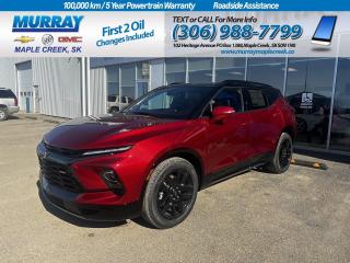 You wont miss a beat in our 2024 Chevrolet Blazer RS AWD that can accelerate your pulse rate along with its performance in Radiant Red Tintcoat! Motivated by a 3.6 Litre V6 that serves up 308hp to a 9 Speed Automatic transmission for powerful capability. Also boasting advanced twin-clutch AWD, this All Wheel Drive SUV achieves approximately 9.0L/100km on the highway with an appearance designed to draw stares. Check out our Blazers strong lines, signature RS grille, LED lighting, hands-free liftgate, dual rectangular exhaust outlets, black bodyside moldings, heated power mirrors, black Bowties, and 20-inch alloy wheels. Turn heads with bold sophistication in our RS cabin. It treats you to heated leather power front seats, a versatile back row, a heated-wrapped steering wheel, dual-zone automatic climate control, and a 120V power outlet. The adventure-friendly infotainment system bundles a 10.2-inch touchscreen, an 8-inch driver display, connected navigation, Bose audio, wireless Apple CarPlay®/Android Auto®, WiFi compatibility, wireless charging, and Bluetooth®. Enjoy safer journeys with advanced Chevrolet features like automatic braking, lane-keeping assistance, rear cross-traffic alert, blind-spot monitoring, forward collision warning, an HD rearview camera, a rear-seat reminder, and more. Fire up our Blazer RS and free yourself from ordinary driving! Save this Page and Call for Availability. We Know You Will Enjoy Your Test Drive Towards Ownership!