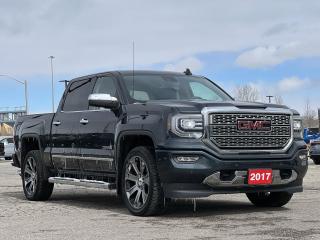 Dark Slate Metallic 2017 GMC Sierra 1500 Denali 4D Crew Cab EcoTec3 5.3L V8 8-Speed Automatic with Overdrive 4WD 8-Speed Automatic with Overdrive, 4WD, Jet Black w/Perforated Leather Appointed Seat Trim, 110-Volt AC Power Outlet, 150 Amp Alternator, 1st & 2nd Row Colour-Keyed Carpeted Floor Mats, 2-Speed Active Electronic AutoTrac Transfer Case, 3.42 Rear Axle Ratio, 4-Wheel Disc Brakes, 6 Rectangular Chromed Tubular Assist Steps, 7 Speakers, 8 Multi-Colour Customizable Driver Display, ABS brakes, Adaptive suspension, Adjustable pedals, Air Conditioning, Alloy wheels, AM/FM radio: SiriusXM, Auto High-beam Headlights, Auto-dimming door mirrors, Auto-Dimming Inside Rear-View Mirror, Auto-dimming Rear-View mirror, Automatic temperature control, Body Colour Rear Bumper w/Cornersteps, Body-Colour Lower Front Bumper, Bose Speaker System, Brake assist, Bumpers: body-colour, CD player, Chrome Bodyside Mouldings, Chrome Door Handles, Chrome Mirror Caps, Colour-Keyed Carpeting, Compass, Deep-Tinted Glass, Delay-off headlights, Driver & Front Passenger Illuminated Vanity Mirrors, Driver door bin, Driver vanity mirror, Dual front impact airbags, Dual front side impact airbags, Dual-Zone Automatic Climate Control, Electric Rear-Window Defogger, Electronic Stability Control, Emergency communication system: OnStar Guidance, Enhanced Driver Alert Package, Exterior Parking Camera Rear, EZ Lift & Lower Tailgate, Floor Mounted Console, Forward Collision Alert, Front anti-roll bar, Front dual zone A/C, Front fog lights, Front Frame-Mounted Black Recovery Hooks, Front Full Feature Power Reclining Bucket Seats, Front reading lights, Front wheel independent suspension, Fully automatic headlights, Garage door transmitter, HD Radio, Heated & Ventilated Front Bucket Seats, Heated door mirrors, Heated Driver & Front Passenger Seats, Heated front seats, Heated steering wheel, High-Performance LED Headlamps, Illuminated entry, IntelliBeam Headlamps, Lane Keep Assist, Leather Wrapped Heated Steering Wheel, Low Speed Forward Automatic Braking, Low tire pressure warning, MagneRide Magnetic Ride Control Suspension, Manual Tilt/Telescoping Steering Column, Memory seat, Navigation System, Occupant sensing airbag, OnStar 6 Month Guidance Plan, OnStar w/4G LTE, Outside temperature display, Overhead airbag, Overhead console, Panic alarm, Passenger door bin, Passenger vanity mirror, Perforated Leather Appointed Seat Trim, Polished Exhaust Tip, Power Adjustable Pedals, Power door mirrors, Power driver seat, Power Folding & Adjustable Heated Outside Mirrors, Power passenger seat, Power Sliding Rear Window w/Defogger, Power steering, Power windows, Power Windows w/Driver Express Up & Down, Preferred Equipment Group 5SA, Premium audio system: IntelliLink, Radio data system, Radio: AM/FM Stereo w/8 Diagonal Colour Touch Nav., Rear 60/40 Folding Bench Seat (Folds Up), Rear reading lights, Rear step bumper, Rear Vision Camera, Rear Wheelhouse Liners, Rear window defroster, Remote Keyless Entry, Remote keyless entry, Remote Locking Tailgate, Remote Vehicle Starter System, Security system, Single Slot CD/MP3 Player, SiriusXM Satellite Radio, Speed control, Speed-sensing steering, Split folding rear seat, Steering Wheel Audio Controls, Steering wheel mounted audio controls, Tachometer, Telescoping steering wheel, Theft Deterrent System (Unauthorized Entry), Tilt steering wheel, Traction control, Trailering Equipment, Trip computer, Turn signal indicator mirrors, Ultrasonic Front & Rear Park Assist, Universal Home Remote, Variably intermittent wipers, Ventilated front seats, Voltmeter, Wheels: 20 x 9 Ultra Bright Machined Aluminum, Wireless Charging.