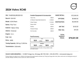 New 2024 Volvo XC40 Recharge Plus Dealer Test Drive Demonstrator for sale in Winnipeg, MB