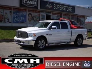 <b>ECODIESEL 4X4 !! REAR CAMERA, APPLE CARPLAY, ANDROID AUTO, BLUETOOTH, STEERING WHEEL AUDIO CONTROLS, BUCKET SEATS, TOWING CONTROLLER, POWER DRIVER SEAT, DUAL CLIMATE CONTROL, POWER SLIDING REAR WINDOW, REMOTE START, HOME REMOTES, 20-IN ALLOY WHEELS</b><br>      This  2018 Ram 1500 is for sale today. <br> <br>The reasons why this Ram 1500 stands above the well-respected competition are evident: uncompromising capability, proven commitment to safety and security, and state-of-the-art technology. From its muscular exterior to the well-trimmed interior, this 2018 Ram 1500 is more than just a workhorse. Get the job done in comfort and style with this amazing full size truck. This  sought after diesel Crew Cab 4X4 pickup  has 124,372 kms. Its  white in colour  and is major accident free based on the <a href=https://vhr.carfax.ca/?id=oQ4xukhOgkCAi/WfiZPsPpEbjEi0uD64 target=_blank>CARFAX Report</a> . It has an automatic transmission and is powered by a  240HP 3.0L V6 Cylinder Engine. <br> <br> Our 1500s trim level is Big Horn. This Ram Big Horn is big on style and big on capability. It comes with a Uconnect infotainment system with Bluetooth streaming audio and hands-free communication, SiriusXM, a leather-wrapped steering wheel with audio controls, an overhead console with a universal garage door opener, chrome exterior trim including 20-inch chrome-clad aluminum wheels and chrome tubular side steps, fog lamps, and much more.<br> To view the original window sticker for this vehicle view this <a href=http://www.chrysler.com/hostd/windowsticker/getWindowStickerPdf.do?vin=1C6RR7TM8JS232671 target=_blank>http://www.chrysler.com/hostd/windowsticker/getWindowStickerPdf.do?vin=1C6RR7TM8JS232671</a>. <br/><br> <br>To apply right now for financing use this link : <a href=https://www.cmhniagara.com/financing/ target=_blank>https://www.cmhniagara.com/financing/</a><br><br> <br/><br>Trade-ins are welcome! Financing available OAC ! Price INCLUDES a valid safety certificate! Price INCLUDES a 60-day limited warranty on all vehicles except classic or vintage cars. CMH is a Full Disclosure dealer with no hidden fees. We are a family-owned and operated business for over 30 years! o~o