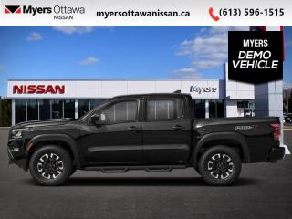 <b>Off-Road Package,  Navigation,  360 Camera,  Heated Seats,  Apple CarPlay!</b><br> <br> <br> <br>  Stay connected, stay protected, and do it all with this 2024 Nissan Frontier. <br> <br>Massive power and massive fun, this 2024 Frontier proves that size isnt everything. Full of fun features for both work and play, along with best-in-class standard horsepower, this 2024 Frontier really is the king of midsize trucks. If you want one truck that can do it all in style and comfort, this 2024 Nissan Frontier is an easy choice.<br> <br> This super black Crew Cab 4X4 pickup   has an automatic transmission and is powered by a  310HP 3.8L V6 Cylinder Engine.<br> <br> Our Frontiers trim level is Crew Cab PRO-4X. This Frontier Pro is fully equipped for work or play with added NissanConnect with navigation and wi-fi, Bilstein shocks, a driver selectable rear locking diff, Class III towing equipment, three skid plates, a spray in bed liner, a rear step bumper, and a 360-degree camera with off-road mode. This midsize truck is an everyday workhorse with Class III towing equipment with sway control, automatic locking hubs, tow hooks, automatic LED headlamps, fog lamps, and two 120V outlets. Stay connected with modern technology features such as touchscreen with voice activation, Apple CarPlay, and Android Auto. Other great features include remote keyless entry and push button start, collision mitigation, lane departure warning, blind spot warning, and distance pacing. This vehicle has been upgraded with the following features: Off-road Package,  Navigation,  360 Camera,  Heated Seats,  Apple Carplay,  Android Auto,  Blind Spot Detection.  This is a demonstrator vehicle driven by a member of our staff, so we can offer a great deal on it.<br><br> <br>To apply right now for financing use this link : <a href=https://www.myersottawanissan.ca/finance target=_blank>https://www.myersottawanissan.ca/finance</a><br><br> <br/>    6.49% financing for 84 months. <br> Payments from <b>$879.51</b> monthly with $0 down for 84 months @ 6.49% APR O.A.C. ( Plus applicable taxes -  $621 Administration fee included. Licensing not included.    ).  Incentives expire 2024-04-30.  See dealer for details. <br> <br> <br>LEASING:<br><br>Estimated Lease Payment: $775/m <br>Payment based on 6.99% lease financing for 60 months with $0 down payment on approved credit. Total obligation $46,523. Mileage allowance of 20,000 KM/year. Offer expires 2024-04-30.<br><br><br><br> Come by and check out our fleet of 50+ used cars and trucks and 90+ new cars and trucks for sale in Ottawa.  o~o