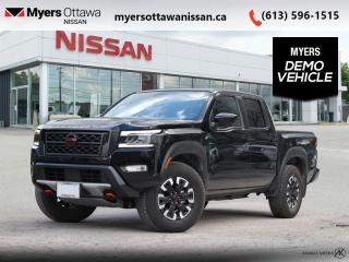 <b>Off-Road Package,  Navigation,  360 Camera,  Heated Seats,  Apple CarPlay!</b><br> <br> <br> <br>  With relentless power and capability, this 2024 Nissan Frontier is as rough and tumble as it looks. <br> <br>Massive power and massive fun, this 2024 Frontier proves that size isnt everything. Full of fun features for both work and play, along with best-in-class standard horsepower, this 2024 Frontier really is the king of midsize trucks. If you want one truck that can do it all in style and comfort, this 2024 Nissan Frontier is an easy choice.<br> <br> This super black Crew Cab 4X4 pickup   has an automatic transmission and is powered by a  310HP 3.8L V6 Cylinder Engine.<br> <br> Our Frontiers trim level is Crew Cab PRO-4X. This Frontier Pro is fully equipped for work or play with added NissanConnect with navigation and wi-fi, Bilstein shocks, a driver selectable rear locking diff, Class III towing equipment, three skid plates, a spray in bed liner, a rear step bumper, and a 360-degree camera with off-road mode. This midsize truck is an everyday workhorse with Class III towing equipment with sway control, automatic locking hubs, tow hooks, automatic LED headlamps, fog lamps, and two 120V outlets. Stay connected with modern technology features such as touchscreen with voice activation, Apple CarPlay, and Android Auto. Other great features include remote keyless entry and push button start, collision mitigation, lane departure warning, blind spot warning, and distance pacing. This vehicle has been upgraded with the following features: Off-road Package,  Navigation,  360 Camera,  Heated Seats,  Apple Carplay,  Android Auto,  Blind Spot Detection.  This is a demonstrator vehicle driven by a member of our staff and has just 942 kms.<br><br> <br>To apply right now for financing use this link : <a href=https://www.myersottawanissan.ca/finance target=_blank>https://www.myersottawanissan.ca/finance</a><br><br> <br/>    6.49% financing for 84 months. <br> Payments from <b>$879.56</b> monthly with $0 down for 84 months @ 6.49% APR O.A.C. ( Plus applicable taxes -  $621 Administration fee included. Licensing not included.    ).  Incentives expire 2024-05-31.  See dealer for details. <br> <br> <br>LEASING:<br><br>Estimated Lease Payment: $775/m <br>Payment based on 6.99% lease financing for 60 months with $0 down payment on approved credit. Total obligation $46,523. Mileage allowance of 20,000 KM/year. Offer expires 2024-05-31.<br><br><br><br> Come by and check out our fleet of 40+ used cars and trucks and 110+ new cars and trucks for sale in Ottawa.  o~o