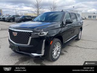 <b>Leather Seats!</b><br> <br> <br> <br>Luxury Tax is not included in the MSRP of all applicable vehicles.<br> <br>  As Cadillacs flagship SUV, this Escalade is one of the best interpretation of modern American luxury. <br> <br>This Cadillac Escalade has long served as the brands flagship, its huge size and aggressive looks broadcasting its extroverted, red-blooded American take on luxury. This Escalade makes a solid case as a competitor to other large luxury SUVs, due to an abundance of advanced technology and luxurious features. Its cabin is lined with wood, leather, designer fabrics, and satin-finished metals. Indeed, nothing possesses presence and makes a statement like a Cadillac.<br> <br> This black raven  SUV  has an automatic transmission and is powered by a  420HP 6.2L 8 Cylinder Engine.<br> <br> Our Escalade ESVs trim level is Premium Luxury. This luxurious Escalade offers an impressive list of premium features such as a panoramic sunroof, magnetic ride control suspension, a massive 16.9 inch touchscreen that is paired with wireless Apple CarPlay and wireless Android Auto, built-in navigation, signature IntelliBeam LED headlights, galvano chrome exterior accents, and premium leather seats. Additional features include heads up display, heated and cooled seats, remote start, a heated power steering wheel, tri-zone automatic climate control, trailering blind spot detection, built-in Wi-Fi hotspot, a premium 19 speaker AKG audio system, augmented reality display, wireless device charging, interior ambient lighting, 360 degree parking camera with a digital rearview mirror, and automatic active brake assist plus so much more! This vehicle has been upgraded with the following features: Leather Seats. <br><br> <br>To apply right now for financing use this link : <a href=http://www.boltongm.ca/?https://CreditOnline.dealertrack.ca/Web/Default.aspx?Token=44d8010f-7908-4762-ad47-0d0b7de44fa8&Lang=en target=_blank>http://www.boltongm.ca/?https://CreditOnline.dealertrack.ca/Web/Default.aspx?Token=44d8010f-7908-4762-ad47-0d0b7de44fa8&Lang=en</a><br><br> <br/>    4.99% financing for 84 months.  Incentives expire 2024-07-02.  See dealer for details. <br> <br>At Bolton Motor Products, we offer new and pre-enjoyed luxury Cadillacs in Bolton. Our sales staff will help you find that new or used car you have been searching for in the Bolton, Brampton, Nobleton, Kleinburg, Vaughan, & Maple area. o~o