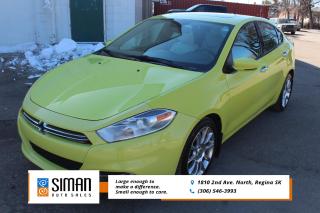 <p><strong>SASKATCHEWAN VEHICLE ACCIDENT FREE</strong></p>

<p>Our Dodge Dart GT limited. Has been through a <strong>presale inspection fresh full synthetic oil service. Included a set of winter tires on steel rims. Carfax reports Saskatchewan Vehicle Accident Free. Some financing Still available on this unit. aftermarket warranties available to fit every need and budget. </strong>The 2013 Dodge Dart offers a lot of space, features and style for the money. the Dart is a different sort of Dodge. It's a front-wheel-drive small sedan based on an Italian hatchback that's a pretty sharp contrast to the brawny V8-powered Chargers and Challengers the brand is most famous for. And yet there's still plenty of true-to-form Dodge flavor sprinkled throughout to make the Dart fit in with its siblings and stand out in a very competitive field. It starts with its basic structure, suspension and steering borrowed from the Alfa Romeo Giulietta sold in Europe. This produces a car that can be legitimately fun to drive, albeit in an agile, corner-taking sort of way rather than the tire-shredding "yee-hah" style of a Dodge Challenger. The optional turbocharged, 1.4-liter four-cylinder engine is also shared with the Alfa Romeo, and it balances its 160 horsepower with 184 pound-feet of torque, which makes this rather heavy car deliver one of the quickest 0-60 times in the class. Yet the 2013 Dodge Dart isn't just a Giulietta with a trunk and a Dodge crosshair grille. It's bigger than the Alfa in almost every dimension, especially its extra foot of length. More importantly, it should make Texas proud by being one of the biggest small sedans on the market, with dimensions that exceed those of the Volkswagen Jetta. The Dart is especially wide, which not only imparts more passenger space but also creates the feeling that you're driving something rather substantial. It really doesn't feel like a compact car. That's an important point, because it makes the Dart's reasonable price seem like a bargain in light of its ample list of comfort, convenience and technology features. Plus, Dodge has gone out of its way to offer the Dart in a refreshing selection of bright colors and different trim materials as a way to bring some of the Alfa Romeo's flair to the compact segment. Given its swiftness, the turbocharged engine's estimated fuel economy is impressive. antilock disc brakes, traction and stability control, front and rear side airbags, side curtain airbags and front knee airbags. A rearview camera and blind-spot monitoring and cross-traffic alert. In government crash testing, the Dart earned a top five-star overall rating, with five stars for total frontal impact protection and five stars for total side-impact protection. The Insurance Institute for Highway Safety similarly awarded the Dart a top score of "Good" in frontal-offset, side-impact and roof-strength tests.</p>

<p><span style=color:#2980b9><strong>Siman Auto Sales is large enough to make a difference but small enough to care. We are family owned and operated, and have been proudly serving Saskatchewan car buyers since 1998. We offer on site financing, consignment, automotive repair and over 90 preowned vehicles to choose from.</strong></span></p>