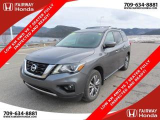 Odometer is 10320 kilometers below market average! Gun Metallic 2017 Nissan Pathfinder S LOW KM 4WD V6 7 SEATER FULLY INSPECTED AND READY! 4WD CVT with Xtronic V6*Professionally Detailed*, *Market Value Pricing*, 4WD, 3rd row seats: bench, 4-Wheel Disc Brakes, 6 Speakers, ABS brakes, Air Conditioning, AM/FM radio: XM, AM/FM/CD Audio System, Automatic temperature control, Brake assist, Bumpers: body-colour, CD player, Cloth Seating Surfaces, Driver door bin, Driver vanity mirror, Dual front impact airbags, Dual front side impact airbags, Electronic Stability Control, Four wheel independent suspension, Front anti-roll bar, Front Bucket Seats, Front dual zone A/C, Front reading lights, Full Tank of Fuel & Floor Mats, Heated door mirrors, Illuminated entry, Low tire pressure warning, Occupant sensing airbag, Outside temperature display, Overhead airbag, Overhead console, Panic alarm, Passenger door bin, Passenger vanity mirror, Power door mirrors, Power steering, Power windows, Radio data system, Rear air conditioning, Rear anti-roll bar, Rear reading lights, Rear window defroster, Rear window wiper, Reclining 3rd row seat, Remote keyless entry, Security system, Speed control, Speed-sensing steering, Split folding rear seat, Spoiler, Steering wheel mounted audio controls, Tachometer, Telescoping steering wheel, Tilt steering wheel, Traction control, Trip computer, Turn signal indicator mirrors, Variably intermittent wipers, Voltmeter, Wheels: 18 Machined Aluminum-Alloy.Certification Program Details: 85 Point Inspection Top Up Fluids Brake Inspection Tire Inspection Fresh 2 Year MVI Fresh Oil ChangeFairway Honda - Community Driven!