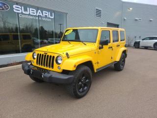 New Price!Odometer is 20237 kilometers below market average!Baja Yellow Clearcoat 2015 Jeep Wrangler Unlimited Sahara Altitude 4WD Automatic Pentastar 3.6L V6 VVTNo Accidents, 7 Speakers, ABS brakes, Air Conditioning, Alloy wheels, CD player, Compass, Electronic Stability Control, Front Bucket Seats, Front fog lights, Fully automatic headlights, Heated door mirrors, Illuminated entry, Rear window wiper, Variably intermittent wipers.Certification Program Details: MVI Only Fresh Oil ChangeFair Market Pricing * No Pressure Sales Environment * Access to over 2000 used vehicles * Free Carfax with every car * Our highly skilled and experienced team will ensure that your vehicle is in excellent condition and looking fantastic!!Steele Auto Group is the most diversified group of automobile dealerships in Atlantic Canada, with 34 dealerships selling 27 brands and an employee base of over 1000. Sales are up by double digits over last year and the plan going forward is to expand further into Atlantic Canada.Reviews:* Owners typically rave about the Wranglers toughness, capability, heavy-duty feel, and go-anywhere-anytime attitude. The unique looks and quirky drive are part of the Wranglers charm for many drivers, and the availability of plenty of high-grade feature content drew many shoppers in. Notably, the new-for-2012 V6 engine is a smooth and punchy performer with power to spare, and should turn in notably improved fuel efficiency for drivers upgrading from pre-Pentastar Wranglers. Source: autoTRADER.ca