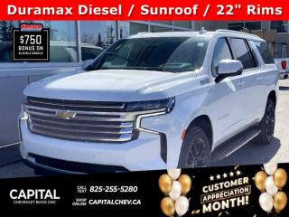 This Chevrolet Suburban delivers a Turbocharged Diesel I6 3.0L/ engine powering this Automatic transmission. ENGINE, DURAMAX 3.0L TURBO-DIESEL I6 (277 hp [206.6 kW] @ 3750 rpm, 460 lb-ft of torque [623.7 N-m] @ 1500 rpm), Wireless charging, Wireless Apple CarPlay/Wireless Android Auto.*This Chevrolet Suburban Comes Equipped with These Options *Wipers, front intermittent, Rainsense, Wiper, rear intermittent with washer, Windows, power with rear Express-Down, Window, power with front passenger Express-Up/Down, Window, power with driver Express-Up/Down, Wi-Fi Hotspot capable (Terms and limitations apply. See onstar.ca or dealer for details.), Wheels, 22 x 9 (55.9 cm x 22.9 cm) Sterling Silver premium painted with chrome inserts (Includes (SFE) wheel locks, LPO.), Wheel, full-size spare, 17 (43.2 cm), Warning tones headlamp on, driver and right-front passenger seat belt unfasten and turn signal on, Visors, driver and front passenger illuminated vanity mirrors, sliding.* Visit Us Today *For a must-own Chevrolet Suburban come see us at Capital Chevrolet Buick GMC Inc., 13103 Lake Fraser Drive SE, Calgary, AB T2J 3H5. Just minutes away!
