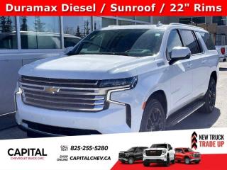 This Chevrolet Suburban delivers a Turbocharged Diesel I6 3.0L/ engine powering this Automatic transmission. ENGINE, DURAMAX 3.0L TURBO-DIESEL I6 (277 hp [206.6 kW] @ 3750 rpm, 460 lb-ft of torque [623.7 N-m] @ 1500 rpm), Wireless charging, Wireless Apple CarPlay/Wireless Android Auto.*This Chevrolet Suburban Comes Equipped with These Options *Wipers, front intermittent, Rainsense, Wiper, rear intermittent with washer, Windows, power with rear Express-Down, Window, power with front passenger Express-Up/Down, Window, power with driver Express-Up/Down, Wi-Fi Hotspot capable (Terms and limitations apply. See onstar.ca or dealer for details.), Wheels, 22 x 9 (55.9 cm x 22.9 cm) Sterling Silver premium painted with chrome inserts (Includes (SFE) wheel locks, LPO.), Wheel, full-size spare, 17 (43.2 cm), Warning tones headlamp on, driver and right-front passenger seat belt unfasten and turn signal on, Visors, driver and front passenger illuminated vanity mirrors, sliding.* Visit Us Today *For a must-own Chevrolet Suburban come see us at Capital Chevrolet Buick GMC Inc., 13103 Lake Fraser Drive SE, Calgary, AB T2J 3H5. Just minutes away!