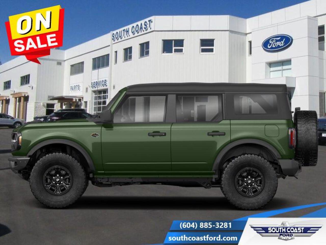 <b>Leather Seats, 360-Degree Camera, Wireless Charging, Navigation, Heated Steering Wheel!</b><br> <br>   Turn heads with this stylish yet remarkably capable 2024 Ford Bronco. <br> <br>With a nostalgia-inducing design along with remarkable on-road driving manners with supreme off-road capability, this 2024 Ford Bronco is indeed a jack of all trades and masters every one of them. Durable build materials and functional engineering coupled with modern day infotainment and driver assistive features ensure that this iconic vehicle takes on whatever you can throw at it. Want an SUV that can genuinely do it all and look good while at it? Look no further than this 2024 Ford Bronco!<br> <br> This eruption green metallic SUV  has a 10 speed automatic transmission and is powered by a  315HP 2.7L V6 Cylinder Engine.<br> <br> Our Broncos trim level is Wildtrak. This Bronco Wildtrak is a great companion for your off-the-grid adventures, thanks to an amazing assortment of standard features such as front and rear locking differentials, skid plates for undercarriage protection, off-road suspension with FOX racing shock absorbers, aluminum wheels with beadlock capability, and front fog lamps. This rugged off-roader also treats you to amazing comfort and connectivity features that include heated front seats, remote engine start, dual-zone climate control, front and rear cupholders, and an upgraded infotainment system with Apple CarPlay, Android Auto, SiriusXM and inbuilt navigation, to get you back home from your off-road adventures. Road safety is assured thanks to a suite of systems including blind spot detection, pre-collision assist with pedestrian detection and cross-traffic alert, lane keeping assist with lane departure warning, rear parking sensors, and driver monitoring alert. Additional features include proximity keyless entry with push button start, trail control, trail turn assist, and so much more. This vehicle has been upgraded with the following features: Leather Seats, 360-degree Camera, Wireless Charging, Navigation, Heated Steering Wheel, 17 Inch Aluminum Wheels, Adaptive Cruise Control. <br><br> View the original window sticker for this vehicle with this url <b><a href=http://www.windowsticker.forddirect.com/windowsticker.pdf?vin=1FMEE2BP6RLA57047 target=_blank>http://www.windowsticker.forddirect.com/windowsticker.pdf?vin=1FMEE2BP6RLA57047</a></b>.<br> <br>To apply right now for financing use this link : <a href=https://www.southcoastford.com/financing/ target=_blank>https://www.southcoastford.com/financing/</a><br><br> <br/> Weve discounted this vehicle $11365.<br> Buy this vehicle now for the lowest bi-weekly payment of <b>$644.91</b> with $0 down for 84 months @ 7.99% APR O.A.C. ( taxes included, $595 Administration Fee included    / Total Obligation of $105660  ).  See dealer for details. <br> <br>Call South Coast Ford Sales or come visit us in person. Were convenient to Sechelt, BC and located at 5606 Wharf Avenue. and look forward to helping you with your automotive needs. <br><br> Come by and check out our fleet of 30+ used cars and trucks and 60+ new cars and trucks for sale in Sechelt.  o~o