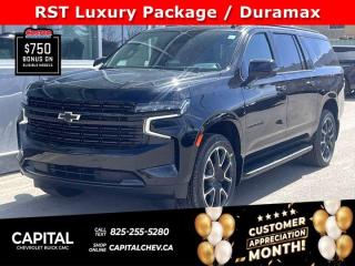 This Chevrolet Suburban boasts a Turbocharged Diesel I6 3.0L/ engine powering this Automatic transmission. ENGINE, DURAMAX 3.0L TURBO-DIESEL I6 (277 hp [206.6 kW] @ 3750 rpm, 460 lb-ft of torque [623.7 N-m] @ 1500 rpm), Wireless charging, Wireless Apple CarPlay/Wireless Android Auto.*This Chevrolet Suburban Comes Equipped with These Options *Wipers, front intermittent, Rainsense, Wiper, rear intermittent with washer, Windows, power with rear Express-Down, Window, power with front passenger Express-Up/Down, Window, power with driver Express-Up/Down, Wi-Fi Hotspot capable (Terms and limitations apply. See onstar.ca or dealer for details.), Wheels, 22 x 9 (55.9 cm x 22.9 cm) bright machined High-Gloss Black painted (Includes (SFE) wheel locks, LPO.), Wheel, full-size spare, 17 (43.2 cm), Warning tones headlamp on, driver and right-front passenger seat belt unfasten and turn signal on, Visors, driver and front passenger illuminated vanity mirrors, sliding.* Visit Us Today *Come in for a quick visit at Capital Chevrolet Buick GMC Inc., 13103 Lake Fraser Drive SE, Calgary, AB T2J 3H5 to claim your Chevrolet Suburban!