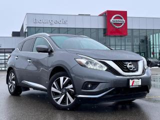 <b>Sunroof,  Navigation,  Leather Seats,  Cooled Seats,  Premium Sound Package!</b><br> <br>    This Nissan Murano is a pleasant and versatile five-passenger midsize crossover. This  2017 Nissan Murano is for sale today in Midland. <br> <br>Enjoy a premium crafted crossover experience. This Nissan Murano leads with innovation and follows through with devotion to the smallest detail. An unmistakable exterior draws you in. The well-appointed interior creates a personal environment for the driver while keeping your passengers comfortable. A potent drivetrain delivers confident, refined control. Embrace the details. Delight in technology. It all starts with a touch of the push-button ignition. This  SUV has 156,512 kms. Its  gun metallic in colour  . It has a cvt transmission and is powered by a  260HP 3.5L V6 Cylinder Engine.  <br> <br> Our Muranos trim level is Platinum. This Murano Platinum is a portrait of luxury. It comes with a power panoramic moonroof, remote start, navigation, Bluetooth, a power liftgate, a heated, leather-wrapped steering wheel, leather seats which are heated and cooled in front, heated back seats, an around view monitor, Bose 11-speaker premium audio, blind spot warning, moving object detection, intelligent cruise control, forward emergency braking, and more. This vehicle has been upgraded with the following features: Sunroof,  Navigation,  Leather Seats,  Cooled Seats,  Premium Sound Package,  Bluetooth,  Heated Seats. <br> <br>To apply right now for financing use this link : <a href=https://www.bourgeoisnissan.com/finance/ target=_blank>https://www.bourgeoisnissan.com/finance/</a><br><br> <br/><br>Since Bourgeois Midland Nissan opened its doors, we have been consistently striving to provide the BEST quality new and used vehicles to the Midland area. We have a passion for serving our community, and providing the best automotive services around.Customer service is our number one priority, and this commitment to quality extends to every department. That means that your experience with Bourgeois Midland Nissan will exceed your expectations whether youre meeting with our sales team to buy a new car or truck, or youre bringing your vehicle in for a repair or checkup.Building lasting relationships is what were all about. We want every customer to feel confident with his or her purchase, and to have a stress-free experience. Our friendly team will happily give you a test drive of any of our vehicles, or answer any questions you have with NO sales pressure.We look forward to welcoming you to our dealership located at 760 Prospect Blvd in Midland, and helping you meet all of your auto needs!<br> Come by and check out our fleet of 30+ used cars and trucks and 90+ new cars and trucks for sale in Midland.  o~o