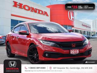 <p><strong>GREAT VEHICLE! NO REPORTED ACCIDENTS! TEST DRIVE TODAY! </strong>2019 Honda Civic Touring featuring CVT transmission, five passenger seating, power sunroof, rearview camera with dynamic guidelines, push button start, proximity key entry, ECON mode, auto on/off headlights, Bluetooth, AM/FM touch screen audio system with inputs, SiriusXM satellite radio, GPS navigation, Apple CarPlay and Android Auto connectivity, the Honda Sensing technologies: Adaptive Cruise Control, Forward Collision Warning system, Collision Mitigation Braking system, Lane Departure Warning system, Lane Keeping Assist system and Road Departure Mitigation system, steering wheel mounted controls, cruise control, air conditioning, heated seats, 12V power outlets, remote keyless entry with trunk release, power mirrors, power windows, split folding rear seats, electronic stability control and anti-lock braking system. Contact Cambridge Centre Honda for special discounted finance rates, as low as 8.99%, on approved credit from Honda Financial Services.</p>

<p><span style=color:#ff0000><strong>FREE $25 GAS CARD WITH TEST DRIVE!</strong></span></p>

<p>Our philosophy is simple. We believe that buying and owning a car should be easy, enjoyable and transparent. Welcome to the Cambridge Centre Honda Family! Cambridge Centre Honda proudly serves customers from Cambridge, Kitchener, Waterloo, Brantford, Hamilton, Waterford, Brant, Woodstock, Paris, Branchton, Preston, Hespeler, Galt, Puslinch, Morriston, Roseville, Plattsville, New Hamburg, Baden, Tavistock, Stratford, Wellesley, St. Clements, St. Jacobs, Elmira, Breslau, Guelph, Fergus, Elora, Rockwood, Halton Hills, Georgetown, Milton and all across Ontario!</p>