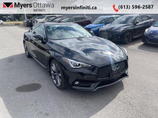 <b>Low Mileage, Sunroof,  Premium Audio,  Navigation,  Memory Seats,  Remote Start!</b><br> <br>  Compare at $55155 - Our Price is just $53549! <br> <br>   Luxury style in a high speed package is what sets the 2022 Q60 apart. This  2022 INFINITI Q60 is for sale today in Ottawa. <br> <br>Luxury often comes with subtle styling and conservative, conventional design. Yet, this 2022 Q60 breaks all convention with its intense and bold styling, thrilling performance, and loudly proud technology. For something just as luxurious, with a touch of rebellion, check out the 2022 Q60.This low mileage  coupe has just 2,429 kms. Its  black in colour  . It has an automatic transmission and is powered by a  400HP 3.0L V6 Cylinder Engine. <br> <br> Our Q60s trim level is Red Sport I-LINE. This I-LINE INFINITI Q60 comes with added sporty features such as a sport tuned suspension and carbon fibre interior trim. This turbocharged INFINITI Q60 is loaded with comfort and connectivity features such as heated leatherette seats, driver memory settings, a heated leather steering wheel, sunroof, INFINITI InTouch dual display system with navigation and voice recognition, wireless Apple CarPlay, Android Auto, Bose Performance Series audio system, Siri Eyes Free, wi-fi, a proximity key with remote start, remote cargo access, and dual zone automatic air conditioning. This fast flying sports car is loaded with sports and safety features such as rev matching, dual chrome exhaust, aluminum alloy wheels, chrome exterior accents, automatic LED lighting, fog lamps, perimeter lights, front and rear parking sensors, blind spot warning, lane departure warning, forward collision warning, and a 360 camera. This vehicle has been upgraded with the following features: Sunroof,  Premium Audio,  Navigation,  Memory Seats,  Remote Start,  Apple Carplay,  Android Auto. <br> <br>To apply right now for financing use this link : <a href=https://www.myersinfiniti.ca/finance/ target=_blank>https://www.myersinfiniti.ca/finance/</a><br><br> <br/><br> Buy this vehicle now for the lowest bi-weekly payment of <b>$477.39</b> with $0 down for 84 months @ 11.00% APR O.A.C. ( taxes included, and licensing fees   ).  See dealer for details. <br> <br>*LIFETIME ENGINE TRANSMISSION WARRANTY NOT AVAILABLE ON VEHICLES WITH KMS EXCEEDING 140,000KM, VEHICLES 8 YEARS & OLDER, OR HIGHLINE BRAND VEHICLE(eg. BMW, INFINITI. CADILLAC, LEXUS...)<br> Come by and check out our fleet of 30+ used cars and trucks and 90+ new cars and trucks for sale in Ottawa.  o~o