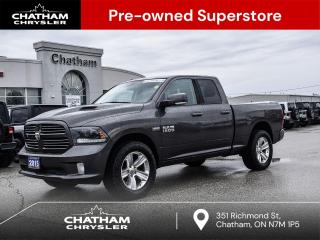 2015 Ram 1500 4D Quad Cab Sport Granite Crystal Metallic Clearcoat Quick Order Package 26L Sport, Remote Start & Security Group, Remote Start System, Security Alarm. 4WD HEMI 5.7L V8 VVT 8-Speed Automatic<br><br><br>Here at Chatham Chrysler, our Financial Services Department is dedicated to offering the service that you deserve. We are experienced with all levels of credit and are looking forward to sitting down with you. Chatham Chrysler Proudly serves customers from London, Ridgetown, Thamesville, Wallaceburg, Chatham, Tilbury, Essex, LaSalle, Amherstburg and Windsor with no distance being ever too far! At Chatham Chrysler, WE CAN DO IT!