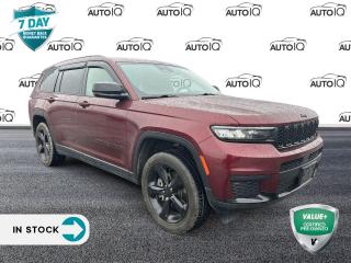 Velvet Red Pearlcoat 2022 Jeep Grand Cherokee L Altitude 4D Sport Utility Pentastar 3.6L V6 VVT 8-Speed Automatic 4WD | Remote Start, 115V Auxiliary Power Outlet, 2nd-Row Seat Armrest w/Cup Holders, 3rd row seats: split-bench, 3rd-Row USB Charging Ports, 4-Wheel Disc Brakes, ABS brakes, Active Cruise Control, Altitude Appearance Package, Automatic temperature control, Black Headliner, Bumpers: body-colour, Delete Laredo Badge, Dual front impact airbags, Dual front side impact airbags, Front Bucket Seats, Fully automatic headlights, Gloss Black Exterior Accents, Gloss Black Roof Rails, Heated door mirrors, Heated front seats, Heated steering wheel, Leather-Faced Bucket Seats, ParkView Rear Back-Up Camera, Power door mirrors, Power driver seat, Power Liftgate, Power steering, Power windows, Quick Order Package 22B Altitude, Radio: Uconnect 5 w/8.4 Flush Display, Rain-Sensing Windshield Wipers, Rear window defroster, Remote keyless entry, Remote Start System, Selectable Tire Fill Alert, Steering wheel mounted audio controls, Telescoping steering wheel, Tilt steering wheel, Traction control, Trip computer, Wheels: 20 x 8.0 Gloss Black Aluminum, Wireless Charging Pad.<p> </p>

<h4>VALUE+ CERTIFIED PRE-OWNED VEHICLE</h4>

<p>36-point Provincial Safety Inspection<br />
172-point inspection combined mechanical, aesthetic, functional inspection including a vehicle report card<br />
Warranty: 30 Days or 1500 KMS on mechanical safety-related items and extended plans are available<br />
Complimentary CARFAX Vehicle History Report<br />
2X Provincial safety standard for tire tread depth<br />
2X Provincial safety standard for brake pad thickness<br />
7 Day Money Back Guarantee*<br />
Market Value Report provided<br />
Complimentary 3 months SIRIUS XM satellite radio subscription on equipped vehicles<br />
Complimentary wash and vacuum<br />
Vehicle scanned for open recall notifications from manufacturer</p>

<p>SPECIAL NOTE: This vehicle is reserved for AutoIQs retail customers only. Please, No dealer calls. Errors & omissions excepted.</p>

<p>*As-traded, specialty or high-performance vehicles are excluded from the 7-Day Money Back Guarantee Program (including, but not limited to Ford Shelby, Ford mustang GT, Ford Raptor, Chevrolet Corvette, Camaro 2SS, Camaro ZL1, V-Series Cadillac, Dodge/Jeep SRT, Hyundai N Line, all electric models)</p>

<p>INSGMT</p>