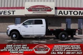 *Cash Price: $49,800. Finance Price: $48,800. (SAVE $1,000 OFF THE LISTED CASH PRICE WITH DEALER ARRANGED FINANCING O.A.C.) NO ADMINISTRATION FEES!! 

VERY  HARD TO FIND NEW GENERATION RAM 3500 CREW CAB DUALLY FLAT DECK, VERY LOW KMS, VERY CLEAN & STILL SHOWS LIKE NEW. WORK READY 2019 DODGE RAM 3500 HEAVY DUTY CREW CAB 6.4L V8 HEMI V8 FLAT DECK DUALLY 4X4! 

- 6.4L HEMI V8 (410 hp and a HUGE 429 lb-ft of pulling TQ) 
- All new 8-Speed transmission
- 2-stage transfer case 4x4 
- 4.10 Gear ratio 
- Electronic Stability Control
- Dually rear wheels 
- Full Crew Cab
- 6 passenger seating with fold down center console
- uConnect 3 with 5-inch touchscreen multi media infotainment sys
- Bluetooth phone/audio, with SiriusXM
- Keyless Enter n Go with push–button start
- Chrome Appearance Group 
- Easy clean flooring 
- HD tow package (13,500GVW)
- 9FT Ventures MFG flat-deck with Foldaway Gooseneck ball hitch
- Brand New Firestone Transforce A/T tires 
- Read below for more info... 

RARE FIND AND STILL SHOWS LIKE NEW WITH VERY LOW KMS AND BEST OF ALL ITS READY FOR BIG WORK OR PLAY! SAVE BIG OVER NEW COST PLUS THE FLAT DECK UPGRADES WITH THIS HARD TO FIND FLAT DECK CREW CAB DUALLY 4X4! This 2019 Ram 3500 is great for all your HD work needs plus you can carry everyone with you. Just the right amount of options make this the right truck including the 6.4L HEMI V8 producing 410 hp and a HUGE 429 lb-ft of pulling torque matched to the new 8-speed automatic transmission and auto 4x4 with 2 stage transfer case. Standard options include air, tilt, cruise, PW, PL, digital instrument cluster, audio 3.0 with a 5-inch touchscreen and Bluetooth phone, and audio connection & USB input, transfer case skid plates, AUX switches, HD tow package, chrome appearance package including bumper and Brand NEW Firestone Transforce A/T tires, plus so much more! The Flat Deck is designed by Ventures Manufacturing and includes a hideaway Gooseneck ball hitch a Headboard and Stake pockets making it ready for the highway, landscaping, Farm, Snow clearing with a sander or just about any construction project you can think of. This is a work ready truck thats ready for all your HD needs with LOW Ks... and shows like new!

Comes with a fresh Manitoba Safety Certification, a Clean No Accident Western Canadian CARFAX history report PLUS we have many unlimited KM power-train warranty options available to choose from. Selling at a fraction of New MRSP (we have the build sheet) plus the cost of the Flat Deck upgrades. ON SALE NOW (HUGE VALUE!!!) Zero down financing available OAC. Please see dealer for details. Trades accepted. View at Winnipeg West Automotive Group, 5195 Portage Ave. Dealer permit # 4365, Call now 1 (888) 601-3023