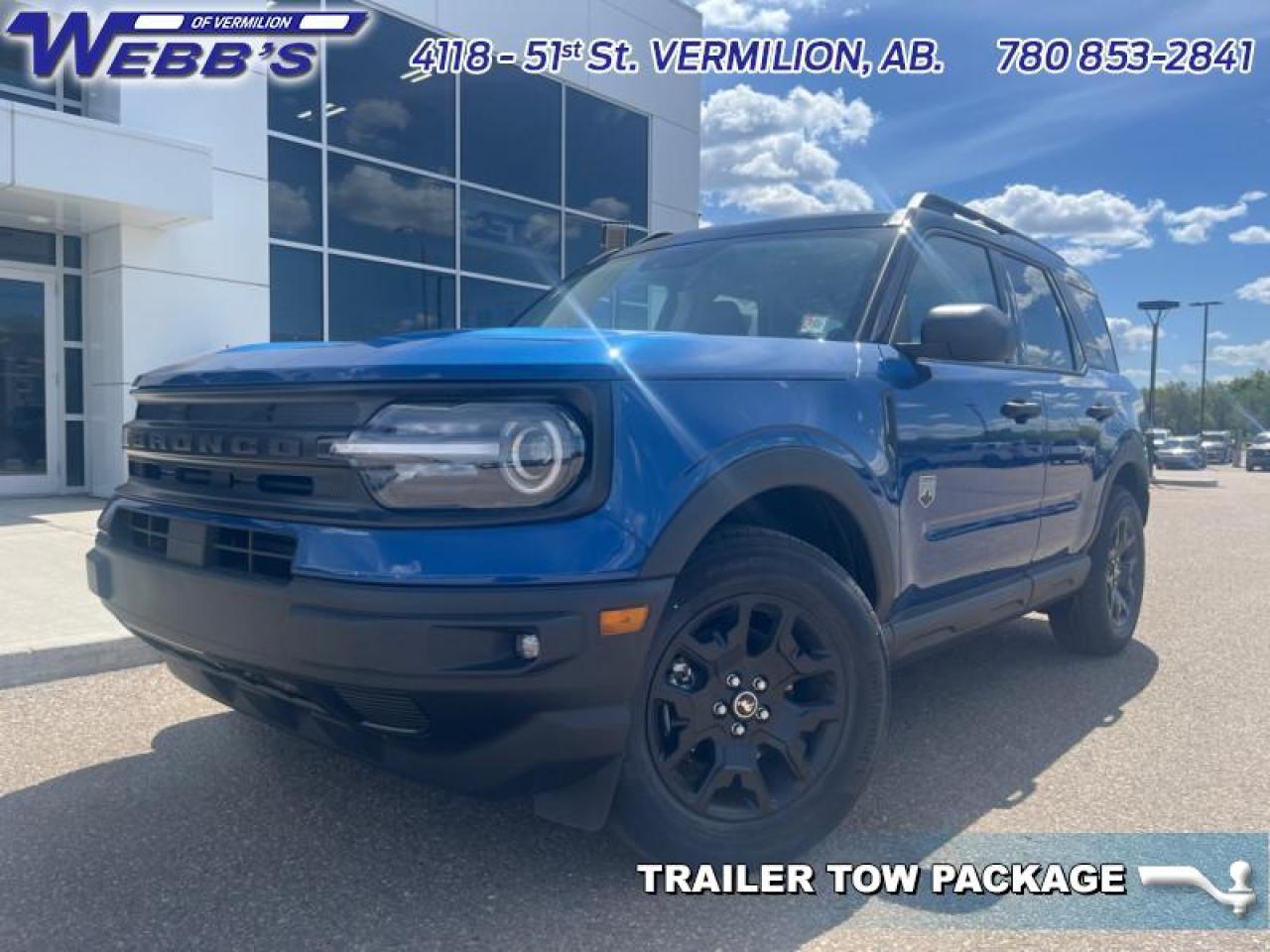 <b>Ford Co-Pilot360 Assist+, Wireless Charging, Black Appearance Package, 17 Wheels, Class II Trailer Tow Package!</b><br> <br> <br> <br>  If you want true off-road ruggedness in an urban, friendly package, look no further than this Ford Bronco Sport. <br> <br>A compact footprint, an iconic name, and modern luxury come together to make this Bronco Sport an instant classic. Whether your next adventure takes you deep into the rugged wilds, or into the rough and rumble city, this Bronco Sport is exactly what you need. With enough cargo space for all of your gear, the capability to get you anywhere, and a manageable footprint, theres nothing quite like this Ford Bronco Sport.<br> <br> This atlas blue metallic SUV  has a 8 speed automatic transmission and is powered by a  181HP 1.5L 3 Cylinder Engine.<br> <br> Our Bronco Sports trim level is Big Bend. This Bronco Big Bend steps things up with heated cloth front seats that feature power lumbar adjustment, along with SiriusXM streaming radio and exclusive aluminum wheels. Also standard include voice-activated automatic air conditioning, 8-inch SYNC 3 powered infotainment screen with Apple CarPlay and Android Auto, smart charging USB type-A and type-C ports, 4G LTE mobile hotspot internet access, proximity keyless entry with remote start, and a robust terrain management system that features the trademark Go Over All Terrain (G.O.A.T.) driving modes. Additional features include blind spot detection, rear cross traffic alert and pre-collision assist with automatic emergency braking, lane keeping assist, lane departure warning, forward collision alert, driver monitoring alert, a rear-view camera, and so much more. This vehicle has been upgraded with the following features: Ford Co-pilot360 Assist+, Wireless Charging, Black Appearance Package, 17 Wheels, Class Ii Trailer Tow Package, Convenience Package, Fog Lamps. <br><br> View the original window sticker for this vehicle with this url <b><a href=http://www.windowsticker.forddirect.com/windowsticker.pdf?vin=3FMCR9B60RRE64973 target=_blank>http://www.windowsticker.forddirect.com/windowsticker.pdf?vin=3FMCR9B60RRE64973</a></b>.<br> <br>To apply right now for financing use this link : <a href=https://www.webbsford.com/financing/ target=_blank>https://www.webbsford.com/financing/</a><br><br> <br/> Total  cash rebate of $6000 is reflected in the price. Credit includes $6,000 Delivery Allowance.  7.99% financing for 84 months. <br> Buy this vehicle now for the lowest bi-weekly payment of <b>$312.41</b> with $0 down for 84 months @ 7.99% APR O.A.C. ( taxes included, $149 documentation fee   / Total cost of borrowing $13358   ).  Incentives expire 2024-12-02.  See dealer for details. <br> <br>Webbs Ford is located at 4118 - 51st Street in beautiful Vermilion, AB. <br/>We offer superior sales and service for our valued customers and are committed to serving our friends and clients with the best services possible. If you are looking to set up a test drive in one of our new Fords or looking to inquire about financing options, please call (780) 853-2841 and speak to one of our professional staff members today.   Vehicle pricing offer shown expire 2024-11-30.  o~o