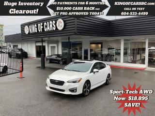 2018 SUBARU IMPREZA SPORT-TECH AWDNAVIGATION, SUNROOF, BACK UP CAMERA, POWER LEATHER SEATS, HEATED SEATS, HEATED STEERING WHEEL, PRE-COLLISION BRAKING, ADAPTIVE CRUISE CONTROL, LANE ASSIST, BLIND SPOT DETECTION, HARMAN/KARDON SPEAKER SYSTEM, APPLE CARPLAY, ANDROID AUTO, KEYLESS GO, PUSH BUTTON START, PADDLE SHIFTERS, LED HEADLIGHTS, SPOILERAVAILABLE WARRANTY OPTIONSCALL US TODAY FOR MORE INFORMATION604 533 4499 OR TEXT US AT 604 360 0123GO TO KINGOFCARSBC.COM AND APPLY FOR A FREE-------- PRE APPROVAL -------STOCK # P214981PLUS ADMINISTRATION FEE OF $895 AND TAXESDEALER # 31301all finance options are subject to ....oac...