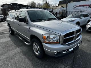 <p>2006 Ram 2500 SLT Quad Cab, Longbox, 4X2, 5.9L Cummins Diesel, Automatic, Power Locks, Power Windows, Power Mirrors, Power Seat, Cloth Interior, AM/FM/CD,  Air Conditioning, Side Stepbars, Matching Canopy with Roof Racks, Tow Hitch, ONLY 115,300 kilometre ONE owner truck! Very nice shape and clean.</p><p> </p>