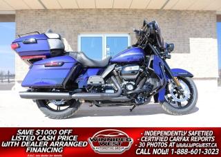 **Cash Price: $35,800. Finance Price: $34,800 (SAVE $1,000 OFF THE LISTED CASH PRICE WITH DEALER ARRANGED FINANCING O.A.C.) Plus PST/GST. No Administration Fees!!** Free CarFax Vehicle History Report available on every motorcycle! LOW PAYMENT FINANCING AVAILABLE OAC!! PLEASE ASK FOR DETAILS!!

**BETTER THAN NEW WITH LOW LOW KMS - YES ONLY 4K KMS AND A PERFECT HISTORY - 2020 Harley-Davidson FLHTK ULTRA LIMITED 114 M8, BLACK OUT, WITH CUSTOM PAINT SET AND SOME NICE EXTRAS**

THIS IS A MUST SEE, FLAWLESS & VERY SHARP LIMITED PAINT SET, ZEPHER BLUE WITH BLACK SUNGLOW OFFSET GRAPHICS /BLACK OUT PKG, 1 OWNER T LOADED WITH FEATURES  UPGRADES COMPLETED WITH ONLY 4K KMS - YES ONLY 4K KMS - NEED WE SAY MORE?!? **ABSOLUTE MUST SEE STUNNING RIDE** SAVE THOUSANDS OVER NEW PRICE WITH THE UPGRADES!! 

Project Rushmore & 114 CU M8 2020 Harley-Davidson FLHTK ULTRA LIMITED beautifully finished in Zephyr Blue/Black Sunglo with the Black out Package. This Project Rushmore Ultra Limited provides the next step for those looking to stand out among the crowd and upgrade their ride. Redefining fully loaded, Blacked-out and loaded with premium features, Fire up the thrill-inducing Milwaukee-Eight 114 V-Twin engine and youre in for one hell of a ride. 

EXPERIENCE A RIDE THAT IS ANYTHING BUT STANDARD:

It’s loaded. From the new Milwaukee-Eight 114 cu inch engine to the heated hand grips. Classic Batwing fairing, all new BOOM GTS infotainment system, and plenty more. Yes, you can have it all.

Some features  include:

- Milwaukee-Eight 114 Engine -  You get 114 cubic inches of passing and horizon-chasing power.

- Reflex Linked Brembo Brakes with Standard ABS, Designed to help prevent the wheels from locking under braking to assist the rider in maintaining control when braking in a straight-line. ABS operates independently on front and rear brakes to keep the wheels rolling and help prevent uncontrolled wheel lock in urgent situations.

- Reflex Defensive Rider Systems (RDRS), A new collection of technologies that help give you confidence and control in less-than-ideal situations. The systems utilize advanced chassis control, electronic brake control and powertrain technology to assist you with accelerating and braking in a straight line or while in a turn.

- BOOM! Box GTS Infotainment System,  An evolved interface experience that offers a contemporary look, feel and function, with exceptional durability and features designed specifically for motorcycling. Every element is optimized to enhance the rider’s interaction with the bike and connectivity with the world. Touchscreen multimedia Infotainment System, factory navigation, Apple car play /android auto to navigate your smartphone and the GPS, which by the way, can be operated by multi-lingual voice commands. Harley also has equipped this Special with the subscription-based H-D Connect Service that connects the smartphone via the dedicated app that allows the rider to check the motorcycle’s vitals, including fuel level, get tamper alerts and stolen-vehicle tracking, and more. 

- Heated Handgrips,  Equipped with six settings, so you can easily adjust on the fly for the heat you need.

- Batwing Fairing & Splitstream Air Vent, Designed to deliver smoother airflow and reduced head buffeting with a pressure-equalizing duct on the front. It opens and closes with one touch of a button.

- Electronic Cruise Control, Set your own speed on the 6-Speed Cruise Drive Transmission. It provides smooth, quiet shifting and adapts to whatever terrain you’re riding on.

- Responsive Suspension, High-performing front and rear suspension with easily adjustable rear shocks put you in control of a plush ride.

- Quick Detach Premium Tour-Pak Luggage Carrier (with quick detach set up already completed) - A sleek yet spacious Tour-Pak luggage carrier that can easily house both rider and passenger helmets along with extra travel essentials. Can be removed quickly if you want that sleek street glide look!!

- One-Touch Opening Saddlebags, Tight on the outside, roomy on the inside. The hinges are simple and clean and the lids open with one touch of one hand.

- Smart walk away Security System

- Day Maker Headlamps 

AND SO MUCH MORE....

Add to the list the factory Black out appearance package including black  Tomahawk wheels and this is one sexy and high functioning touring  Motorcycle for the ultimate ride!! This 2020 Harley-Davidson Ultra Limited is a high-end performance motorcycle that gives you the ultimate custom touring at its finest and an unlimited list of features and accessories for your comfort and style. For an ultra comfortable and style the bike is loaded with premium touring features and components, tricked-out "Special Edition" blacked alloy wheels and youll spoil yourself with the accessories, from comfort to electronics. Its built, not just for anyone, but for true connoisseurs of the road who wants power, performance, and great looks. The bike comes with lots of options and much more - it really has everything you need and want and is exceptionally sharp looking - really must be seen!!! The bike is like new in all respects with well cared for 1-owner kms- only 4K kms!! 

Comes with a Clean, No Accident,  Certified CarFax history report, a fresh Manitoba Safety certification and we have several comprehensive extended warranty options available to choose from. This bike is selling at a small fraction of what it would cost to replace today. GREAT VALUE!! READY FOR SALE NOW. Zero down and low payment financing available OAC. View at Winnipeg West Automotive Group, 5195 Portage Ave. Dealer permit # 4365, Call now 1 (888) 601-3023.
