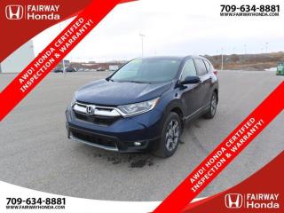Awards:* ALG Canada Residual Value AwardsOdometer is 5522 kilometers below market average! Obsidian Blue Pearl 2019 Honda CR-V EX AWD! HONDA CERTIFIED INSPECTION & WARRANTY! AWD CVT 1.5L I4 Turbocharged DOHC 16V LEV3-ULEV70 190hp*Professionally Detailed*, *Market Value Pricing*, AWD, 18 Aluminum Alloy Wheels, 4-Wheel Disc Brakes, 6 Speakers, ABS brakes, Air Conditioning, AM/FM radio, Apple CarPlay/Android Auto, Auto High-beam Headlights, Automatic temperature control, Brake assist, Bumpers: body-colour, Delay-off headlights, Driver door bin, Driver vanity mirror, Dual front impact airbags, Dual front side impact airbags, Electronic Stability Control, Exterior Parking Camera Rear, Fabric Seating Surfaces, Forward collision: Collision Mitigation Braking System (CMBS) + FCW mitigation, Four wheel independent suspension, Front anti-roll bar, Front dual zone A/C, Front fog lights, Front reading lights, Fully automatic headlights, Garage door transmitter: HomeLink, Heated door mirrors, Heated Front Bucket Seats, Illuminated entry, Lane departure: Lane Keeping Assist System (LKAS) active, Low tire pressure warning, Occupant sensing airbag, Outside temperature display, Overhead airbag, Overhead console, Panic alarm, Passenger door bin, Passenger vanity mirror, Power door mirrors, Power driver seat, Power moonroof, Power steering, Power windows, Radio data system, Radio: 180-Watt AM/FM Audio System, Rear anti-roll bar, Rear window defroster, Rear window wiper, Remote keyless entry, Security system, Speed control, Speed-sensing steering, Speed-Sensitive Wipers, Split folding rear seat, Spoiler, Steering wheel mounted audio controls, Tachometer, Telescoping steering wheel, Tilt steering wheel, Traction control, Trip computer, Turn signal indicator mirrors, Variably intermittent wipers.Honda Certified Details:* 7 day/1,000 km exchange privilege whichever comes first* Exclusive finance rates on Certified Pre-Owned Honda models* 7 year / 160,000 km Power Train Warranty whichever comes first. This is an additional 2 year/60,000 kms beyond the original factory Power Train warranty. Honda Certified Used Vehicles also have the option to upgrade to a Honda Plus Extended Warranty* Multipoint Inspection* 24 hours/day, 7 days/week* Vehicle history report. Access to MyHondaFairway Honda - Community Driven!