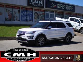 <b>FULLY LOADED !! NAVIGATION, REAR CAMERA, PARK SENSORS, ADAPTIVE CRUISE CONTROL, COLLISION SENSORS, LANE KEEPING, BLIND SPOT, SUNROOF, LEATHER, POWER/MASSAGING SEATS, COOLED/HEATED SEATS, HEATED STEERING WHEEL, POWER LIFTGATE, REMOTE START, 20-INCH ALLOYS</b><br>      This  2016 Ford Explorer is for sale today. <br> <br>This 2016 Ford Explorer is an attractive and roomy crossover SUV with plenty of options, a powerful engine, and a comfortable ride all around. It has the passenger-carrying capabilities of a midsize SUV combined with strong towing and off-road capabilities. This Explorer is more powerful, safer, and more comfortable than ever before and continues to lead the midsize SUV segment. This  SUV has 171,646 kms. Its  white platinum tricoat in colour  . It has an automatic transmission and is powered by a  365HP 3.5L V6 Cylinder Engine. <br> <br> Our Explorers trim level is Platinum. The Platinum trim is the top of the line for the Explorer and it shows in every detail. The EcoBoost V6 delivers ample power to the intelligent four-wheel drive system while the quilted leather seats transport you in comfort. The exterior is adorned with tasteful chrome trim, 20-inch premium wheels, a satin chrome roof rack, and twin chrome exhaust tips. On the inside, youre treated to SYNC infotainment with Bluetooth, SiriusXM, navigation, and Sony premium sound, a dual-panel moonroof, active park assist, and much more. This vehicle has been upgraded with the following features: Navigation, Sunroof, Heated Steering Wheel, Power Liftgate, Leather Seats, Vented/cooled Seats, Massaging Seats. <br> To view the original window sticker for this vehicle view this <a href=http://www.windowsticker.forddirect.com/windowsticker.pdf?vin=1FM5K8HT3GGC16404 target=_blank>http://www.windowsticker.forddirect.com/windowsticker.pdf?vin=1FM5K8HT3GGC16404</a>. <br/><br> <br>To apply right now for financing use this link : <a href=https://www.cmhniagara.com/financing/ target=_blank>https://www.cmhniagara.com/financing/</a><br><br> <br/><br>Trade-ins are welcome! Financing available OAC ! Price INCLUDES a valid safety certificate! Price INCLUDES a 60-day limited warranty on all vehicles except classic or vintage cars. CMH is a Full Disclosure dealer with no hidden fees. We are a family-owned and operated business for over 30 years! o~o