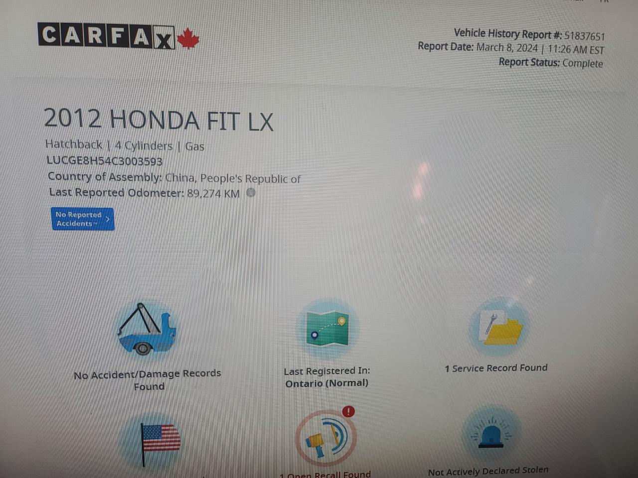 2012 Honda Fit LX/AUTO/ACCIDENT FREE/BLUETOOTH/POWER GROUP, 103KM - Photo #15