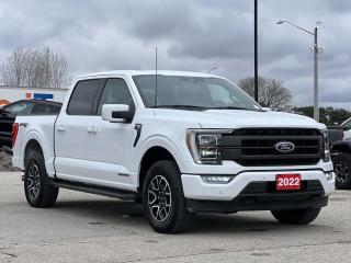 Oxford White 2022 Ford F-150 Lariat 4D SuperCrew 3.5L PowerBoost Full-Hybrid V6 10-Speed Automatic 4WD 3.5L PowerBoost Full-Hybrid V6, 4WD, 4-Wheel Disc Brakes, 8 Speakers, ABS brakes, Accent-Colour Angular Step Bar, Adjustable pedals, Air Conditioning, Alloy wheels, AM/FM radio: SiriusXM with 360L, Auto High-beam Headlights, Auto-dimming door mirrors, Auto-dimming Rear-View mirror, Automatic temperature control, Block heater, Body-Colour Door Handles w/Body-Colour Bezel, Body-Colour Front & Rear Bumpers, Box Side Decal, Brake assist, Class IV Trailer Hitch Receiver, Compass, Connected Built-In Navigation, Dark 2-Bar & 1 Minor Bar Style Grille, Delay-off headlights, Driver door bin, Driver vanity mirror, Dual front impact airbags, Dual front side impact airbags, Electronic Locking w/3.73 Axle Ratio, Electronic Stability Control, Emergency communication system: SYNC 4 911 Assist, Equipment Group 502A High, Evasive Steering Assist, Exterior Parking Camera Rear, Ford Co-Pilot360 Assist 2.0, Front anti-roll bar, Front Bucket Seats, Front dual zone A/C, Front fog lights, Front reading lights, Front wheel independent suspension, Fully automatic headlights, Garage door transmitter, GVWR: 3,334 kg (7,350 lb) Payload Package, Heated door mirrors, Heated front seats, Heated Rear Seats, Heated Steering Wheel, Illuminated entry, Intelligent Adaptive Cruise Control w/Stop & Go, Interior Work Surface, Intersection Assist, Lariat Sport Appearance Package, Leather-Trimmed Bucket Seats, LED Projector w/Dynamic Bending Headlamps, Low tire pressure warning, Memory seat, Navigation system: Connected Navigation, Occupant sensing airbag, Outside temperature display, Overhead airbag, Overhead console, Panic alarm, Passenger door bin, Passenger vanity mirror, Pedal memory, Power door mirrors, Power driver seat, Power passenger seat, Power steering, Power Tailgate, Power Tilt/Telescoping Steering Column w/Memory, Power windows, Pro Trailer Backup Assist, Radio data system, Radio: B&O Sound System by Bang & Olufsen, Rain-Sensing Wipers, Rear reading lights, Rear step bumper, Rear window defroster, Remote keyless entry, Security system, Speed control, Speed Sign Recognition, Speed-sensing steering, Split folding rear seat, Steering wheel mounted audio controls, SYNC 4 w/Enhanced Voice Recognition, Tachometer, Telescoping steering wheel, Tilt steering wheel, Traction control, Trip computer, Turn signal indicator mirrors, Twin Panel Moonroof, Variably intermittent wipers, Ventilated front seats, Voltmeter, Wheels: 18 6-Spoke Machined-Aluminum, Wireless Charging Pad