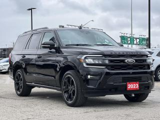 Agate Black Metallic 2023 Ford Expedition Limited 4D Sport Utility 3.5L V6 10-Speed Automatic 4WD 4WD, 12 Speakers, 1st & 2nd Row Floor Mats w/Logo, 26mm Engine Radiator, 3.73 Non-Limited-Slip Rear Axle, 360-Degree Camera w/Trailer Reverse Guidance, 3rd row seats: split-bench, 4-Wheel Disc Brakes, ABS brakes, Adjustable pedals, Air Conditioning, Alloy wheels, AM/FM radio: SiriusXM with 360L, Auto High-beam Headlights, Auto tilt-away steering wheel, Auto-dimming door mirrors, Auto-dimming Rear-View mirror, Automatic temperature control, Black Rear Bumper, Black Roof-Rack Side Rails, Block heater, Body Colour Door Handles, Brake assist, Bumpers: body-colour, Compass, Delay-off headlights, Driver door bin, Driver vanity mirror, Dual front impact airbags, Dual front side impact airbags, Ebony Black Power Deployable Running Boards, Ebony Black Tailgate Applique, Electronic Stability Control, Emergency communication system: SYNC 4 911 Assist, Equipment Group 303A Stealth Package, Exterior Badges, Exterior Parking Camera Rear, Four wheel independent suspension, Front anti-roll bar, Front Bucket Seats, Front dual zone A/C, Front fog lights, Front reading lights, Fully automatic headlights, Garage door transmitter, Hands-Free Foot-Activated Feature Removal (DISC), Heated door mirrors, Heated front seats, Heated rear seats, Heated steering wheel, Heavy-Duty Trailer Tow Package, Illuminated entry, Integrated Trailer Brake Controller, Leather steering wheel, Leather-Trimmed Heated/Ventilated Captains Chairs, Low tire pressure warning, Memory seat, Navigation system: Connected Navigation, Occupant sensing airbag, Outside temperature display, Overhead airbag, Overhead console, Painted Ebony Black Grill Bars & Mesh, Panic alarm, Passenger door bin, Passenger vanity mirror, Pedal memory, Power door mirrors, Power driver seat, Power Liftgate, Power moonroof, Power passenger seat, Power steering, Power windows, Power-Folding Sideview Mirrors w/Autofold, Pro Trailer Backup Assist, Radio data system, Radio: B&O Sound System by Bang & Olufsen, Rain sensing wipers, Rear air conditioning, Rear anti-roll bar, Rear reading lights, Rear window defroster, Rear window wiper, Reclining 3rd row seat, Remote keyless entry, Reverse Brake Assist, Roof rack: rails only, Security system, SiriusXM w/360L, Speed control, Speed-sensing steering, Speed-Sensitive Wipers, Split folding rear seat, Spoiler, Sport Tuned Suspension, Stealth Edition Package, Steering wheel memory, Steering wheel mounted audio controls, SYNC 4 w/Enhanced Voice Recognition, Tachometer, Telescoping steering wheel, Tilt steering wheel, Traction control, Trip computer, Turn signal indicator mirrors, Variably intermittent wipers, Ventilated front seats, Voltmeter, Wheels: 22 Premium Black-Painted Aluminum.