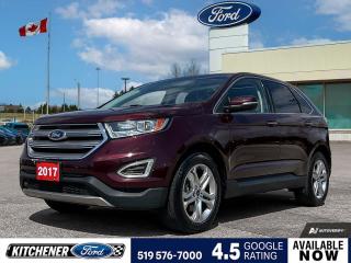 Burgundy Velvet Metallic Tinted Clearcoat 2017 Ford Edge Titanium 4D Sport Utility EcoBoost 2.0L I4 GTDi DOHC Turbocharged VCT 6-Speed Automatic AWD AWD, 12 Speakers, 3.16 Axle Ratio, 4-Wheel Disc Brakes, ABS brakes, Air Conditioning, Alloy wheels, AM/FM radio: SiriusXM, AppLink/Apple CarPlay and Android Auto, Auto-dimming Rear-View mirror, Automatic temperature control, Block heater, Brake assist, Bumpers: body-colour, Canadian Touring Package, CD player, Cold Weather Package, Compass, Deep Tray-Style All-Weather Floor Mats, Delay-off headlights, Driver door bin, Driver vanity mirror, Dual front impact airbags, Dual front side impact airbags, Electronic Stability Control, Emergency communication system: SYNC 3 911 Assist, Equipment Group 300A, Exterior Parking Camera Rear, Four wheel independent suspension, Front anti-roll bar, Front Bucket Seats, Front dual zone A/C, Front Heated Leather-Trimmed Sport Seats, Front reading lights, Fully automatic headlights, Garage door transmitter, Heated door mirrors, Heated front seats, Heated Steering Wheel, Illuminated entry, Knee airbag, Leather Shift Knob, Low tire pressure warning, Memory seat, Occupant sensing airbag, Outside temperature display, Overhead airbag, Overhead console, Panic alarm, Panoramic Vista Roof, Passenger door bin, Passenger vanity mirror, Power door mirrors, Power driver seat, Power Liftgate, Power passenger seat, Power steering, Power windows, Premium audio system: Sony, Radio: AM/FM/SiriusXM Satellite w/CD & Sony Audio, Rear anti-roll bar, Rear Parking Sensors, Rear reading lights, Rear window defroster, Rear window wiper, Remote keyless entry, Security system, Speed control, Speed-Sensitive Wipers, Split folding rear seat, Spoiler, Steering wheel mounted audio controls, SYNC 3, Tachometer, Telescoping steering wheel, Tilt steering wheel, Traction control, Trip computer, Turn signal indicator mirrors, Variably intermittent wipers, Voice Activated Navigation, Wheels: 19 Premium Painted Luster Nickel Aluminum.


Reviews:
  * Owners say they appreciate the easy-to-use technology and enjoy a comfortable drive in most conditions. Expect a pleasing punch from the 2.7L engine, which sportier drivers seem to enjoy. The updated infotainment system is easy to learn, even for first-time touchscreen users. Source: autoTRADER.ca