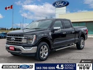 Agate Black Metallic 2022 Ford F-150 Lariat 4D SuperCrew 3.5L V6 EcoBoost 10-Speed Automatic 4WD 4WD, 4-Wheel Disc Brakes, 4x4 FX4 Off-Road Decal, 6 Bright Polished Running Board, 8 Speakers, ABS brakes, Adjustable pedals, Air Conditioning, Alloy wheels, AM/FM radio: SiriusXM with 360L, Auto High-beam Headlights, Auto Start-Stop Removal, Auto-dimming door mirrors, Auto-dimming Rear-View mirror, Automatic temperature control, Block heater, Brake assist, Bumpers: chrome, Chrome 2-Bar & 1 Minor Bar Style Grille, Chrome Door Handles w/Body-Colour Bezel, Chrome Single-Tip Exhaust, Chrome Skull Caps on Exterior Mirrors, Class IV Trailer Hitch Receiver, Compass, Connected Built-In Navigation, Delay-off headlights, Driver door bin, Driver vanity mirror, Dual front impact airbags, Dual front side impact airbags, Electronic Locking w/3.55 Axle Ratio, Electronic Stability Control, Emergency communication system: SYNC 4 911 Assist, Equipment Group 502A High, Evasive Steering Assist, Exterior Parking Camera Rear, Ford Co-Pilot360 Assist 2.0, Front anti-roll bar, Front Bucket Seats, Front dual zone A/C, Front fog lights, Front reading lights, Front wheel independent suspension, Fully automatic headlights, FX4 Off-Road Package, Garage door transmitter, GVWR: 3,243 kg (7,150 lb) Payload Package, Heated door mirrors, Heated front seats, Heated Rear Seats, Heated Steering Wheel, Hill Descent Control, Illuminated entry, Intelligent Adaptive Cruise Control w/Stop & Go, Interior Work Surface, Intersection Assist, Lariat Chrome Appearance Package, Leather-Trimmed Bucket Seats, LED Projector w/Dynamic Bending Headlamps, Low tire pressure warning, Memory seat, Monotube Rear Shocks, Navigation system: Connected Navigation, Occupant sensing airbag, Off-Road Tuned Front Shock Absorbers, Onboard Scale w/Smart Hitch, Outside temperature display, Overhead airbag, Overhead console, Panic alarm, Passenger door bin, Passenger vanity mirror, Pedal memory, Power door mirrors, Power driver seat, Power passenger seat, Power steering, Power Tilt/Telescoping Steering Column w/Memory, Power windows, Pro Trailer Backup Assist, Radio data system, Radio: B&O Sound System by Bang & Olufsen, Rain-Sensing Wipers, Rear reading lights, Rear step bumper, Rear window defroster, Remote keyless entry, Rock Crawl Mode, Security system, Speed control, Speed Sign Recognition, Speed-sensing steering, Split folding rear seat, Steering wheel mounted audio controls, SYNC 4 w/Enhanced Voice Recognition, Tachometer, Telescoping steering wheel, Tilt steering wheel, Traction control, Trip computer, Turn signal indicator mirrors, Variably intermittent wipers, Ventilated front seats, Voltmeter, Wheels: 20 Chrome-Like PVD, Wireless Charging Pad.