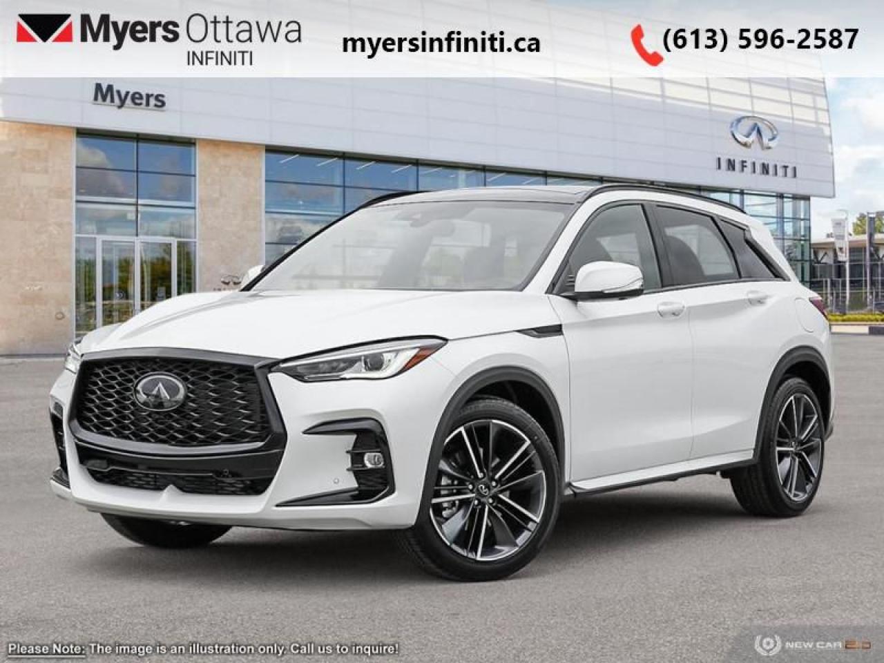 <b>Sunroof,  Navigation,  Premium Audio,  360 Camera,  Cooled Seats!</b><br> <br> <br> <br>  Innovative and reinventive, this Infiniti QX50 is for those who defy the status quo. <br> <br>With stylish exterior looks and an upscale interior, this Infiniti QX50 rubs shoulders with the best luxury crossovers in the segment. Focusing on engaging on-road dynamics with dazzling styling, the QX50 is a fantastic option for those in pursuit of cutting-edge refinement. The interior exudes unpretentious luxury, with a suite of smart tech that ensures youre always connected and safe when on the road.<br> <br> This radiant white SUV  has an automatic transmission and is powered by a  268HP 2.0L 4 Cylinder Engine.<br> <br> Our QX50s trim level is SPORT. This QX50 SPORT steps things up with a dual-panel sunroof, inbuilt navigation, a 12-speaker Bose audio system, and a 360-camera system. Other standard features include semi-aniline leather-trimmed ventilated and heated front seats with lumbar support, a heated steering wheel, adaptive cruise control, a wireless charging pad, a power liftgate for rear cargo access, and leatherette seating surfaces. Infotainment duties are handled by dual 8-inch and 7-inch touchscreens, with Apple CarPlay, Android Auto and SiriusXM. Safety features include blind spot detection, lane departure warning with lane keeping assist, front and rear collision mitigation, and rear parking sensors. This vehicle has been upgraded with the following features: Sunroof,  Navigation,  Premium Audio,  360 Camera,  Cooled Seats,  Heated Steering Wheel,  Power Liftgate. <br><br> <br>To apply right now for financing use this link : <a href=https://www.myersinfiniti.ca/finance/ target=_blank>https://www.myersinfiniti.ca/finance/</a><br><br> <br/><br> Buy this vehicle now for the lowest bi-weekly payment of <b>$529.88</b> with $0 down for 84 months @ 8.99% APR O.A.C. ( taxes included, $921  and licensing fees    ).  See dealer for details. <br> <br><br> Come by and check out our fleet of 30+ used cars and trucks and 60+ new cars and trucks for sale in Ottawa.  o~o