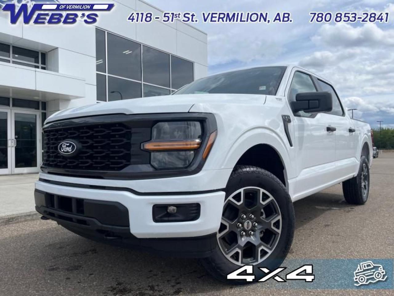 <b>20 Aluminum Wheels!</b><br> <br> <br> <br>  From powerful engines to smart tech, theres an F-150 to fit all aspects of your life. <br> <br>Just as you mould, strengthen and adapt to fit your lifestyle, the truck you own should do the same. The Ford F-150 puts productivity, practicality and reliability at the forefront, with a host of convenience and tech features as well as rock-solid build quality, ensuring that all of your day-to-day activities are a breeze. Theres one for the working warrior, the long hauler and the fanatic. No matter who you are and what you do with your truck, F-150 doesnt miss.<br> <br> This oxford white Crew Cab 4X4 pickup   has a 10 speed automatic transmission and is powered by a  325HP 2.7L V6 Cylinder Engine.<br> <br> Our F-150s trim level is STX. This STX trim steps things up with upgraded aluminum wheels, along with great standard features such as class IV tow equipment with trailer sway control, remote keyless entry, cargo box lighting, and a 12-inch infotainment screen powered by SYNC 4 featuring SiriusXM satellite radio, Apple CarPlay, Android Auto and FordPass Connect 5G internet hotspot. Safety features also include blind spot detection, lane keep assist with lane departure warning, front and rear collision mitigation and automatic emergency braking. This vehicle has been upgraded with the following features: 20 Aluminum Wheels. <br><br> View the original window sticker for this vehicle with this url <b><a href=http://www.windowsticker.forddirect.com/windowsticker.pdf?vin=1FTEW2LP3RKD36655 target=_blank>http://www.windowsticker.forddirect.com/windowsticker.pdf?vin=1FTEW2LP3RKD36655</a></b>.<br> <br>To apply right now for financing use this link : <a href=https://www.webbsford.com/financing/ target=_blank>https://www.webbsford.com/financing/</a><br><br> <br/>    0% financing for 72 months. 1.99% financing for 84 months. <br> Buy this vehicle now for the lowest bi-weekly payment of <b>$416.85</b> with $0 down for 84 months @ 1.99% APR O.A.C. ( taxes included, $149 documentation fee   / Total cost of borrowing $5072   ).  Incentives expire 2025-01-01.  See dealer for details. <br> <br>Webbs Ford is located at 4118 - 51st Street in beautiful Vermilion, AB. <br/>We offer superior sales and service for our valued customers and are committed to serving our friends and clients with the best services possible. If you are looking to set up a test drive in one of our new Fords or looking to inquire about financing options, please call (780) 853-2841 and speak to one of our professional staff members today.   Vehicle pricing offer shown expire 2024-12-31.  o~o