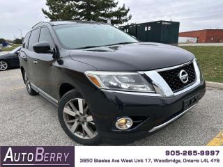 <p><br></p><p><strong>2015 Nissan Pathfinder Platinum 4WD Black On Black Leather Interior </strong></p><p><span></span><span> </span>3.5L <span></span><span> </span>V6 <span></span><span> </span>Four Wheel Drive <span></span><span> </span>Auto <span></span><span> </span>A/C <span></span><span> 7 Passenger </span><span><span></span><span> Leather Interior <span></span> </span>Three-Zone Automatic Climate Control <span></span><span> </span>Push Start Engine </span><span><span></span> Heated Front Seats<span> <span> Ventilated Front Seats  Heated Rear Seats <span></span></span> </span>Power Front Seats <span></span><span> </span>Memory Front Seat <span></span><span> </span>Power Options <span></span><span> </span>Steering Wheel Mounted Controls</span><span> </span><span><span></span><span> </span>Backup Camera </span><span></span><span><span> 360 Camera <span></span> Blind Spot Monitor <span></span> Navigation<span> <span></span></span> </span>Bluetooth <span></span><span> </span>Proximity Keys </span><span><span></span><span> </span>Parking Distance Sensors <span></span><span> </span>Alloy Wheels <span></span><span> </span>Fog Lights </span><span> Remote Start  Keyless Entry </span></p><p><br></p><p><strong>*** Fully Certified ***</strong></p><p><span><strong>*** ONLY 143,990<span id=jodit-selection_marker_1712082346180_845175110332991 data-jodit-selection_marker=start style=line-height: 0; display: none;></span> KM ***</strong></span></p><p><strong><br></strong></p><p><span><strong>CARFAX REPORT: <a href=https://vhr.carfax.ca/?id=qidPSXU9Z7VTl/6OgFLL0XyEP2ZXpj3W>https://vhr.carfax.ca/?id=qidPSXU9Z7VTl/6OgFLL0XyEP2ZXpj3W</a></strong></span></p><br><p><br></p> <span id=jodit-selection_marker_1689009751050_8404320760089252 data-jodit-selection_marker=start style=line-height: 0; display: none;></span>