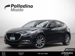 <b>Sunroof,  Heated Seats,  Blind Spot Detection,  Heated Steering Wheel,  Aluminum Wheels!<br> <br></b><br>     The unbreakable mazda formula continues through the 2018 Mazda 3 with a sharp design and ultimate driving dynamics. This  2018 Mazda Mazda3 is fresh on our lot in Sudbury. <br> <br>With Mazdas Skyactiv technology, this Mazda3 outshines all other compact sedans on the market. With a premium cabin and plenty of standard equipement, this sedan provides a refined luxury feel thats hard to beat. It also comes with an incredible safety rating, giving you and your passengers a sense of ease, knowing that youre safe at all times.This  hatchback has 147,442 kms. Its  jet black in colour  . It has an automatic transmission and is powered by a  2.5L I4 16V GDI DOHC engine.  <br> <br> Our Mazda3s trim level is GT. This Mazda3 GT is the top of the line trim and provides the ultimate in luxury, comfort and style. It keeps you connected and informed with MAZDA CONNECT, a Bose premium audio system and a 7 inch colour touchscreen display. This premium trim also includes a power sunroof, Bluetooth connectivity right on the steering wheel, a Smart City brake system, advanced blind spot monitoring with rear cross traffic alert, dual zone climate control, an advanced keyless entry with push button start, larger aluminum wheels, chrome window trim and it even comes with heated front seats and a heated steering wheel! This vehicle has been upgraded with the following features: Sunroof,  Heated Seats,  Blind Spot Detection,  Heated Steering Wheel,  Aluminum Wheels,  Mazda Connect,  Led Lights. <br> <br>To apply right now for financing use this link : <a href=https://www.palladinomazda.ca/finance/ target=_blank>https://www.palladinomazda.ca/finance/</a><br><br> <br/><br>Palladino Mazda in Sudbury Ontario is your ultimate resource for new Mazda vehicles and used Mazda vehicles. We not only offer our clients a large selection of top quality, affordable Mazda models, but we do so with uncompromising customer service and professionalism. We takes pride in representing one of Canadas premier automotive brands. Mazda models lead the way in terms of affordability, reliability, performance, and fuel efficiency.The advertised price is for financing purchases only. All cash purchases will be subject to an additional surcharge of $2,501.00. This advertised price also does not include taxes and licensing fees.<br> Come by and check out our fleet of 90+ used cars and trucks and 90+ new cars and trucks for sale in Sudbury.  o~o