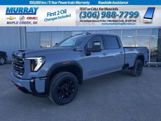 Allow us to introduce our Diesel powered 2024 GMC Sierra 3500 AT4 Crew Cab 4X4 that is ready for tough terrain and tough jobs in Thunderstorm Grey! Motivated by a TurboCharged 6.6 Litre DuraMax Diesel V8 that delivers 445hp and 910lb-ft of torque to a 10 Speed Allison Automatic transmission and ProGrade Trailering System. This Four Wheel Drive truck also has an off-road suspension with Rancho shocks, hill-descent control, and an AutoTrac two-speed transfer case to get you to almost any job site with ease. Standing out is just as simple since our Sierra 3500 shows off LED lighting, fog lamps, a MultiPro tailgate, skid plates, red recovery hooks, 18-inch alloy wheels, power-folding trailer mirrors, and a spray-on bedliner. The right choice for all your adventures, our AT4 cabin boasts heated/ventilated leather power front and heated rear seats, a heated leather steering wheel, dual-zone automatic climate control, cruise control, remote start, and keyless open/ignition. Modern technologies await with an 8-inch touchscreen, wireless Android Auto®/Apple CarPlay®, Bluetooth®, WiFi compatibility, voice recognition, and a six-speaker sound system. Smart GMC safety features include an HD rear camera, ABS, StabiliTrak stability/traction control, tire-pressure monitoring, trailer sway control, a rear-seat reminder, advanced airbags, and more. Our Sierra 3500 AT4 is a premium power player with benefits like those! Save this Page and Call for Availability. We Know You Will Enjoy Your Test Drive Towards Ownership!