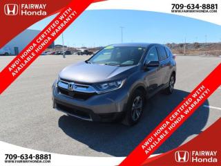 Awards:* ALG Canada Residual Value AwardsModern Steel Metallic 2019 Honda CR-V LX AWD! HONDA CERTIFIED WITH AVAILABLE HONDA WARRANTY AWD CVT 1.5L I4 Turbocharged DOHC 16V LEV3-ULEV70 190hp*Professionally Detailed*, *Market Value Pricing*, AWD, 17 Aluminum Alloy Wheels, 4 Speakers, 4-Wheel Disc Brakes, ABS brakes, Air Conditioning, AM/FM radio, Apple CarPlay/Android Auto, Auto High-beam Headlights, Automatic temperature control, Brake assist, Bumpers: body-colour, Delay-off headlights, Driver door bin, Driver vanity mirror, Dual front impact airbags, Dual front side impact airbags, Electronic Stability Control, Exterior Parking Camera Rear, Fabric Seating Surfaces, Forward collision: Collision Mitigation Braking System (CMBS) + FCW mitigation, Four wheel independent suspension, Front anti-roll bar, Front dual zone A/C, Front reading lights, Fully automatic headlights, Heated door mirrors, Heated Front Bucket Seats, Illuminated entry, Lane departure: Lane Keeping Assist System (LKAS) active, Low tire pressure warning, Occupant sensing airbag, Outside temperature display, Overhead airbag, Overhead console, Panic alarm, Passenger door bin, Passenger vanity mirror, Power door mirrors, Power steering, Power windows, Radio data system, Radio: 160-Watt AM/FM Audio System, Rear anti-roll bar, Rear window defroster, Rear window wiper, Remote keyless entry, Security system, Speed control, Speed-sensing steering, Split folding rear seat, Spoiler, Steering wheel mounted audio controls, Tachometer, Telescoping steering wheel, Tilt steering wheel, Traction control, Trip computer.Honda Certified Details:* Multipoint Inspection* Exclusive finance rates on Certified Pre-Owned Honda models* 24 hours/day, 7 days/week* 7 year / 160,000 km Power Train Warranty whichever comes first. This is an additional 2 year/60,000 kms beyond the original factory Power Train warranty. Honda Certified Used Vehicles also have the option to upgrade to a Honda Plus Extended Warranty* Vehicle history report. Access to MyHonda* 7 day/1,000 km exchange privilege whichever comes firstFairway Honda - Community Driven!