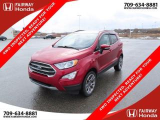 Red 2019 Ford EcoSport Titanium 4WD EXTRA CLEAN FULLY INSPECTED, READY FOR YOUR NE 4WD 6-Speed Automatic 2.0L I4 Ti-VCT GDI*Professionally Detailed*, *Market Value Pricing*, 10 Speakers, 4-Wheel Disc Brakes, ABS brakes, Air Conditioning, Alloy wheels, AM/FM radio: SiriusXM, AppLink/Apple CarPlay and Android Auto, Auto-dimming Rear-View mirror, Automatic temperature control, Block heater, Brake assist, Bumpers: body-colour, Compass, Delay-off headlights, Driver door bin, Driver vanity mirror, Dual front impact airbags, Dual front side impact airbags, Electronic Stability Control, Emergency communication system: SYNC 3 911 Assist, Exterior Parking Camera Rear, FordPass Connect 4G Wi-Fi Modem, Front anti-roll bar, Front Bucket Seats, Front fog lights, Front reading lights, Front wheel independent suspension, Fully automatic headlights, Heated door mirrors, Heated front seats, Heated steering wheel, Illuminated entry, Knee airbag, Leather Shift Knob, Leather steering wheel, Low tire pressure warning, Navigation System, Occupant sensing airbag, Outside temperature display, Overhead airbag, Overhead console, Panic alarm, Passenger door bin, Passenger vanity mirror, Perforated Leather-Trimmed Heated Bucket Seats, Power door mirrors, Power driver seat, Power moonroof, Power steering, Power windows, Radio data system, Radio: AM/FM/MP3 B&O Premium Sound System, Rain sensing wipers, Rear anti-roll bar, Rear Parking Sensors, Rear side impact airbag, Rear window defroster, Rear window wiper, Remote keyless entry, Roof rack: rails only, Security system, SiriusXM Radio, Speed control, Speed-sensing steering, Split folding rear seat, Steering wheel mounted audio controls, SYNC 3 Communications & Entertainment System, Tachometer, Telescoping steering wheel, Tilt steering wheel, Traction control, Trip computer, Turn signal indicator mirrors, Variably intermittent wipers, Wheels: 17 Premium Dark Stainless-Painted.Certification Program Details: 85 Point Inspection Top Up Fluids Brake Inspection Tire Inspection Fresh 2 Year MVI Fresh Oil ChangeFairway Honda - Community Driven!